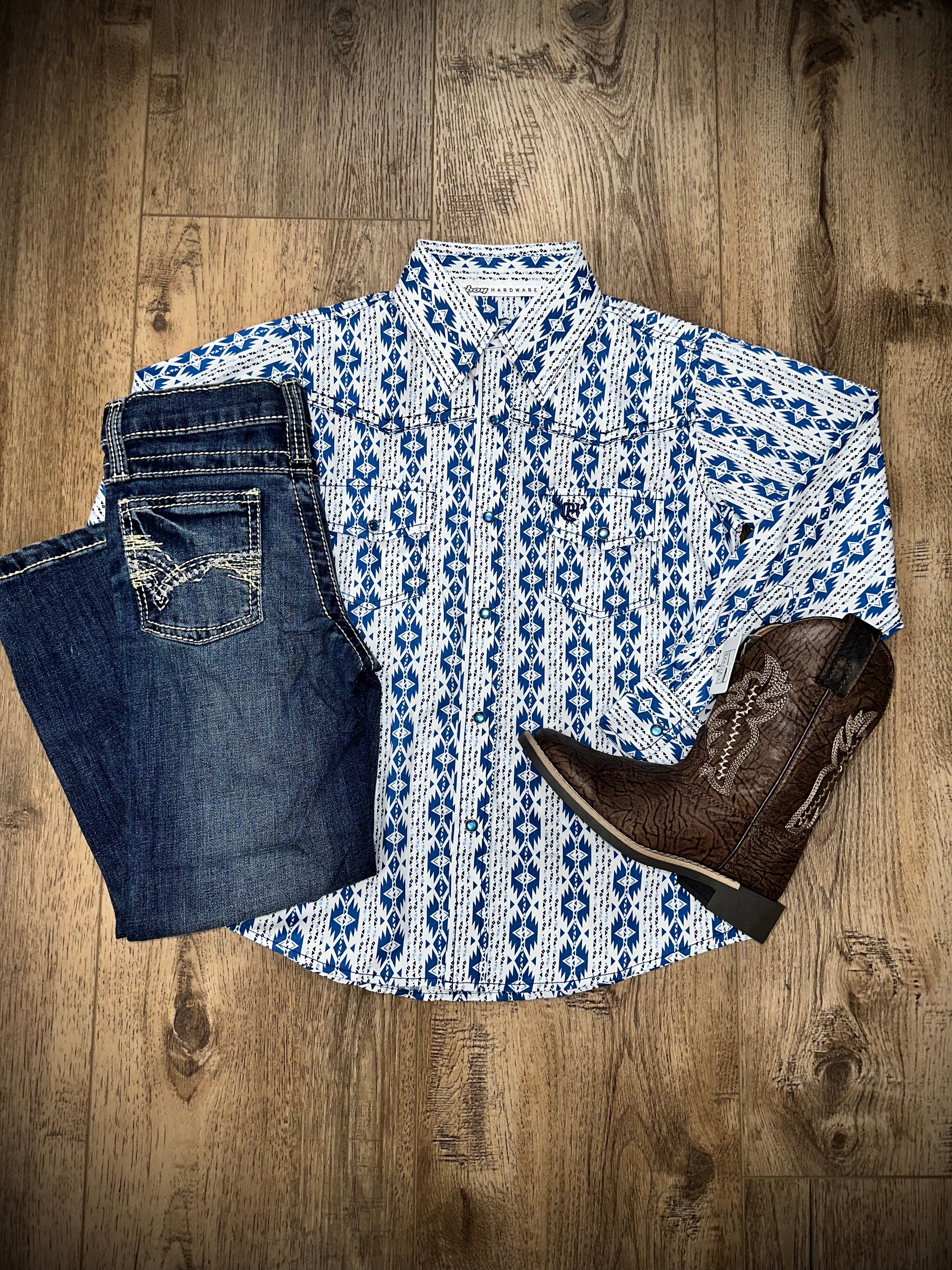 CH Boys Aztec Blue Print Long Sleeve Snap Shirt - Stylish Casual Wear for School, Playdates & Family Outings