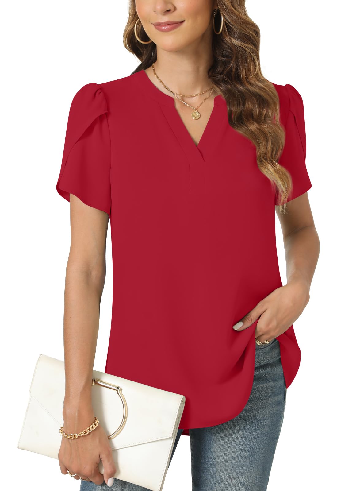 Anyally Women's Plus Size Short Sleeve Chiffon Blouse - Flowy Casual Work Tunic Top for Office, Summer & Everyday Wear