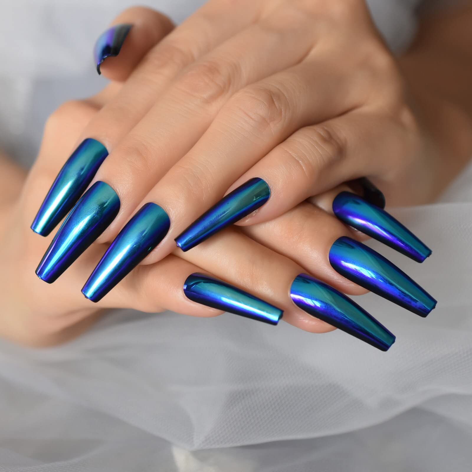 Chrome Metallic Blue Press On Nails - Extra Long Coffin Ballerina Fake Nails Set with Mirror Finish | Acrylic False Nails for Women | Perfect for Parties, Weddings & Special Occasions