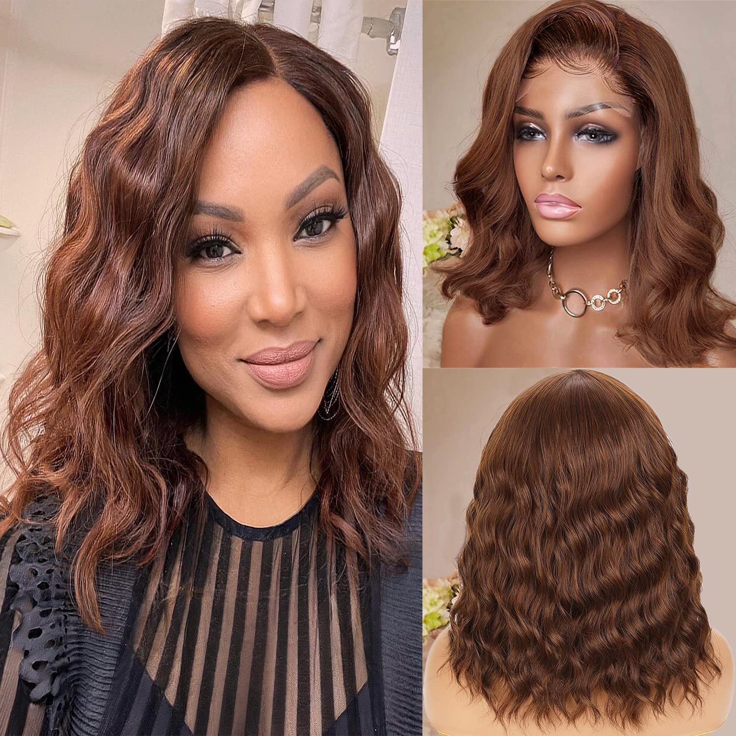 13x6 Brown Short Body Wave Lace Front Wig - 150% Density Human Hair Bob Wig with Baby Hair & Pre-Plucked Hairline | Glueless Short Wavy Lace Front Wig for Women (10 Inch) - Perfect for Daily Wear, Parties & Cosplay