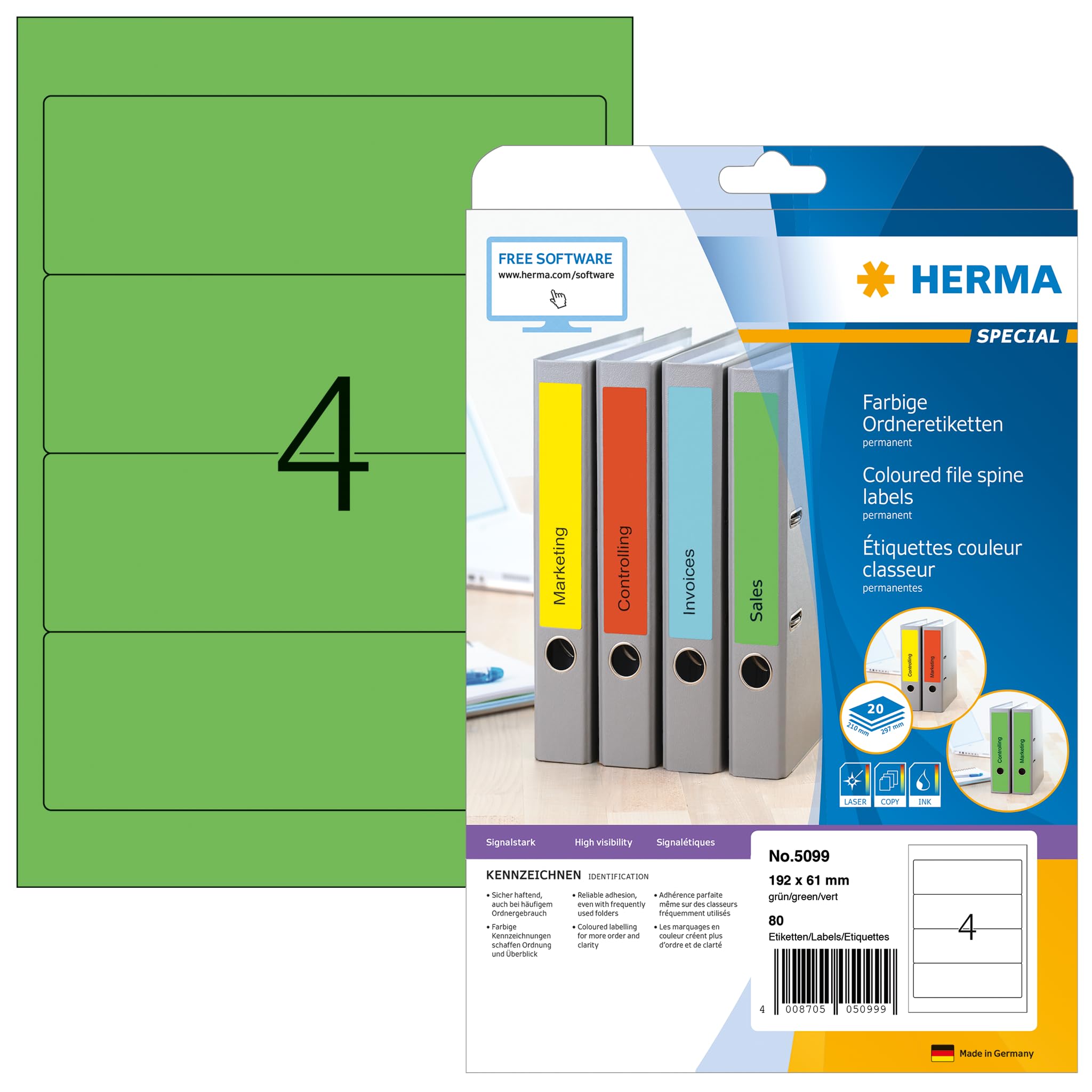 HERMA Self Adhesive Spine Labels - 80 Blank File Folder Stickers (4 Labels per A4 Sheet, 20 Sheets, 192x61mm) for Laser & Inkjet Printer - Green Arch Lever Labels for Office Organization, File Classification & Document Management
