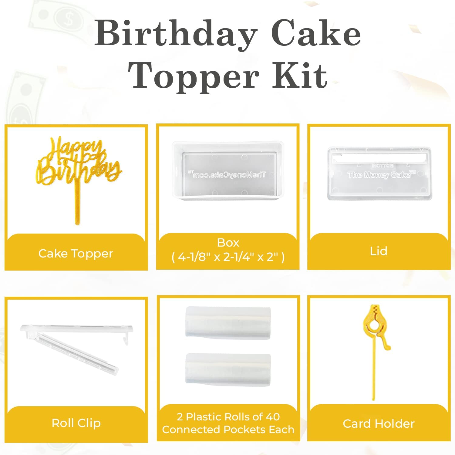 Money Cake Pull Out Kit - Includes 1 Money Box, 2 Plastic Rolls, 40 Transparent Bags & 2 Surprise Cake Toppers for Birthday & Graduation Parties - Perfect for Cash Gifts at Celebrations, Baby Showers, and Special Events