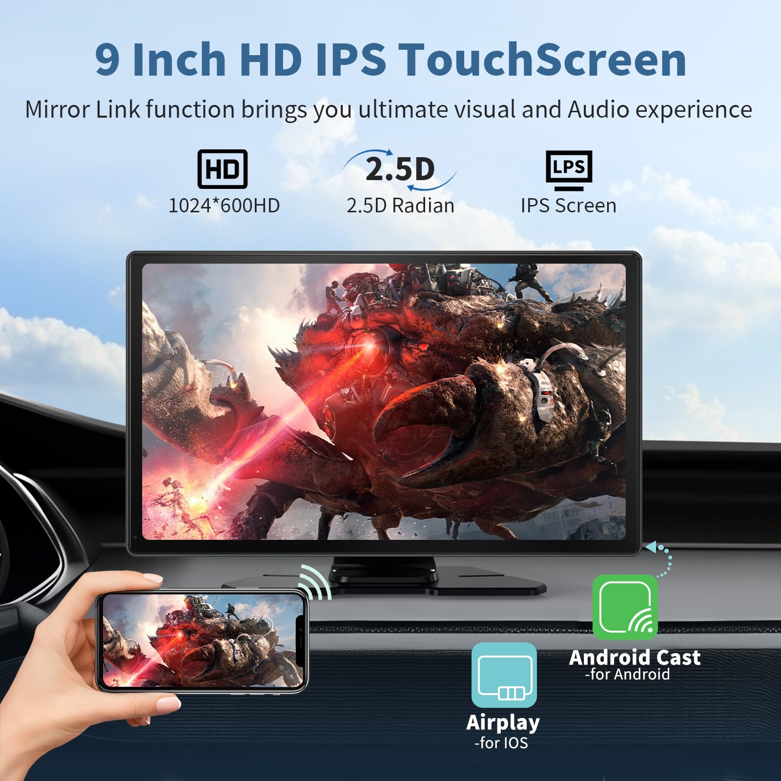 9 Inch HD Portable Wireless CarPlay Screen for Car & Android Auto - 4K Dash Cam, 1080P Backup Camera, Mirror Link, Navigation, Voice Control, Bluetooth - Perfect for Road Trips & Daily Commuting