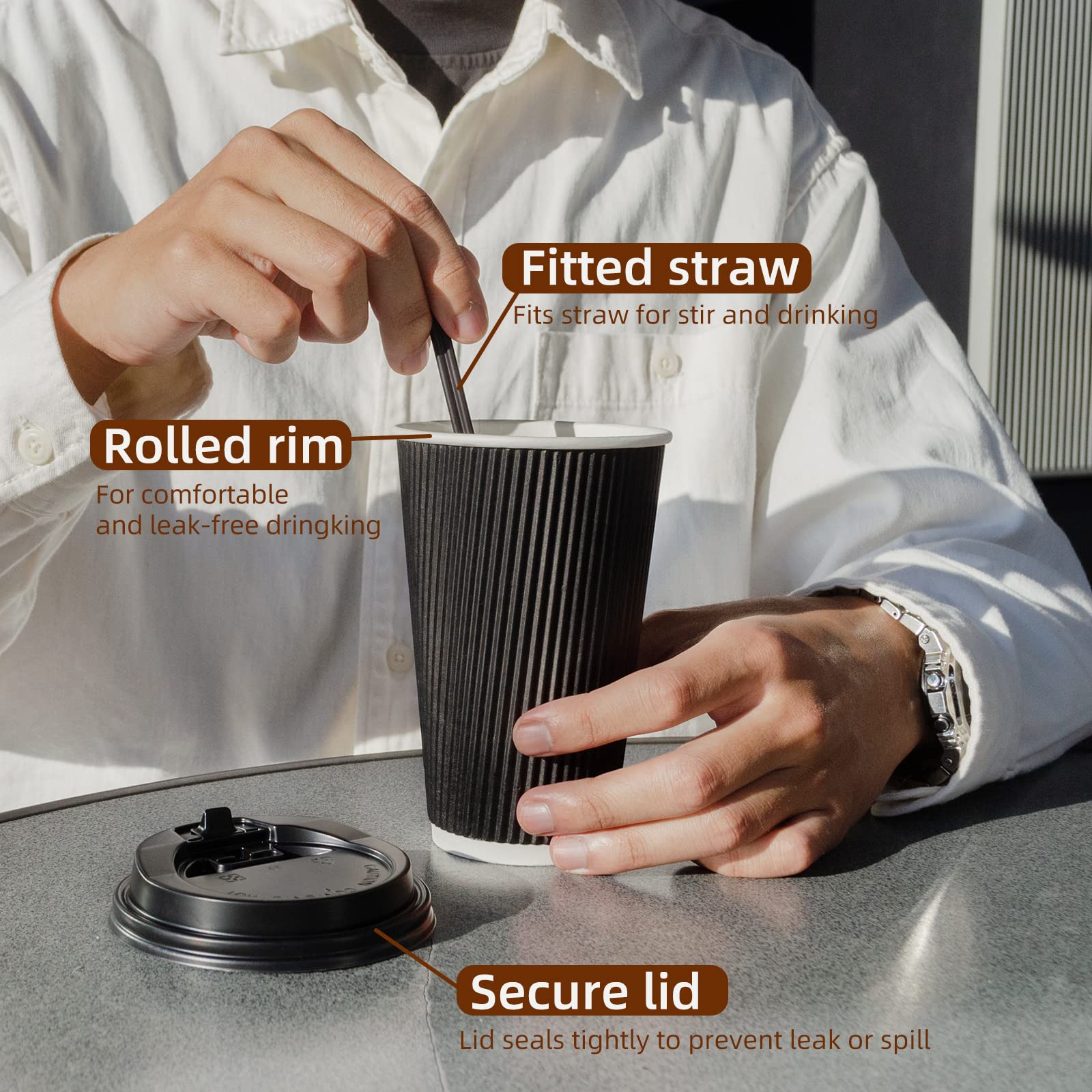 16oz Disposable Paper Coffee Cups with Lids (100 Pack) - Insulated Double Wall Ripple Design with Sleeves for Hot & Cold Beverages - Perfect for Coffee Shops, Office Use, Travel, Parties, and Catering Events