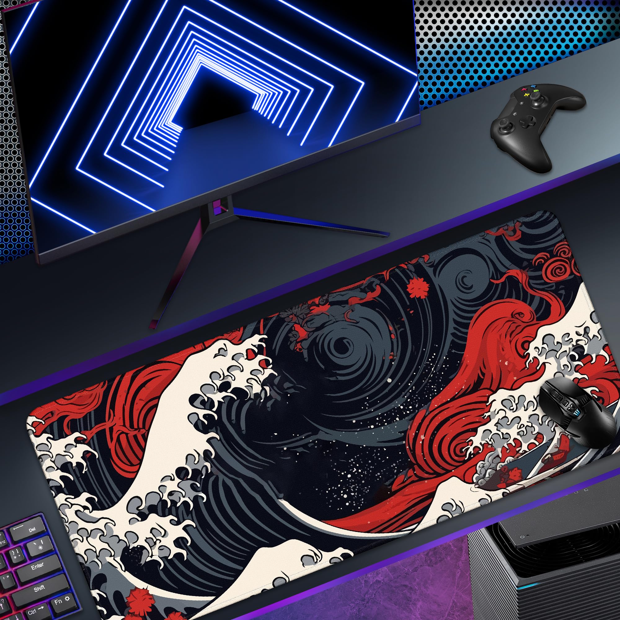Large Sea Wave Gaming Mouse Pad - 31.5x11.8in XL Non-Slip Desk Mat with Stitched Edge for Keyboard & Mouse | Perfect for PC Gaming, Office Work & Home Computer Setup | Red