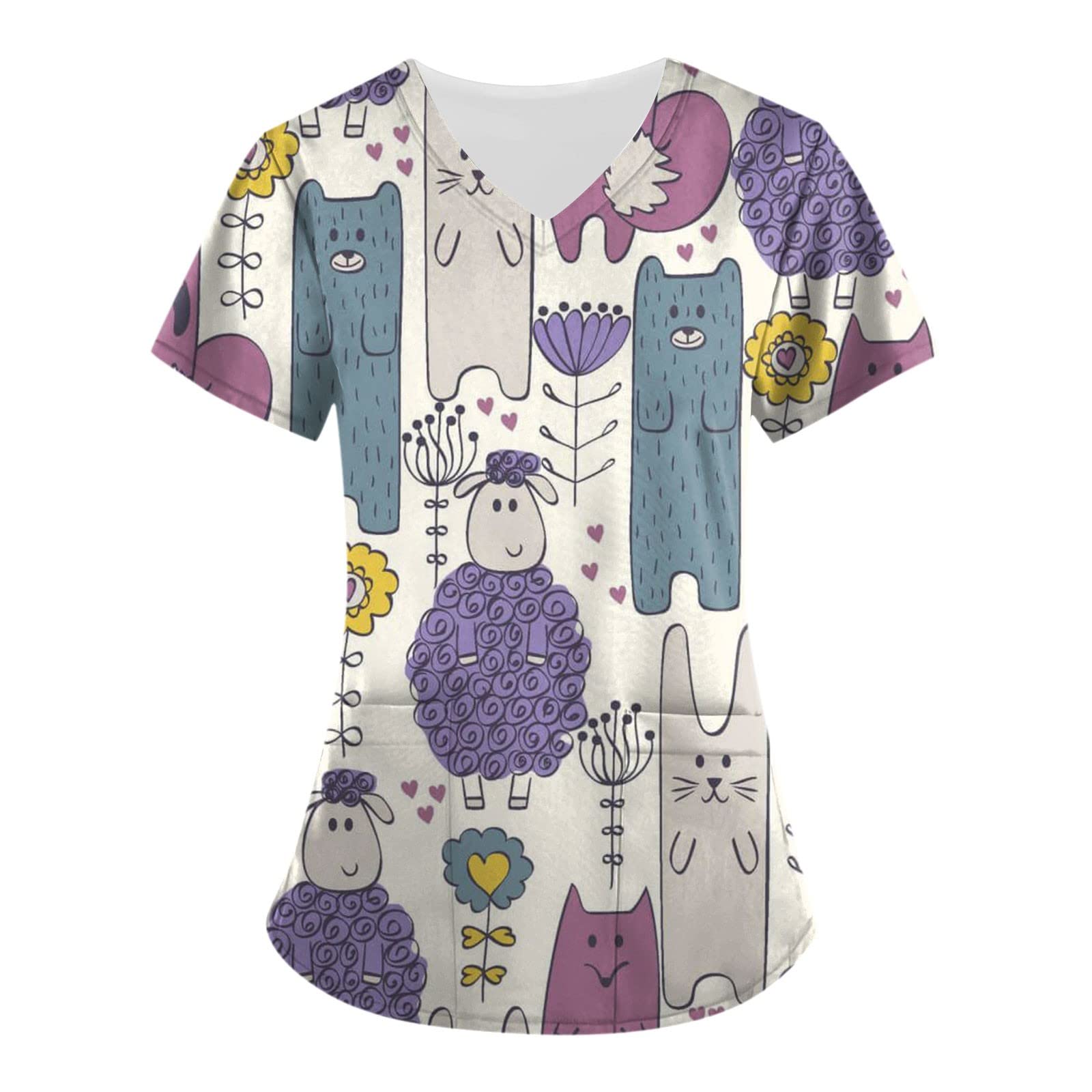 Stretchy Plus Size Women's Scrub Short Sleeve Tops - Cute Printed Work Uniform & Casual Summer Blouse - Comfortable Workwear for Nurses, Medical Staff & Healthcare Professionals