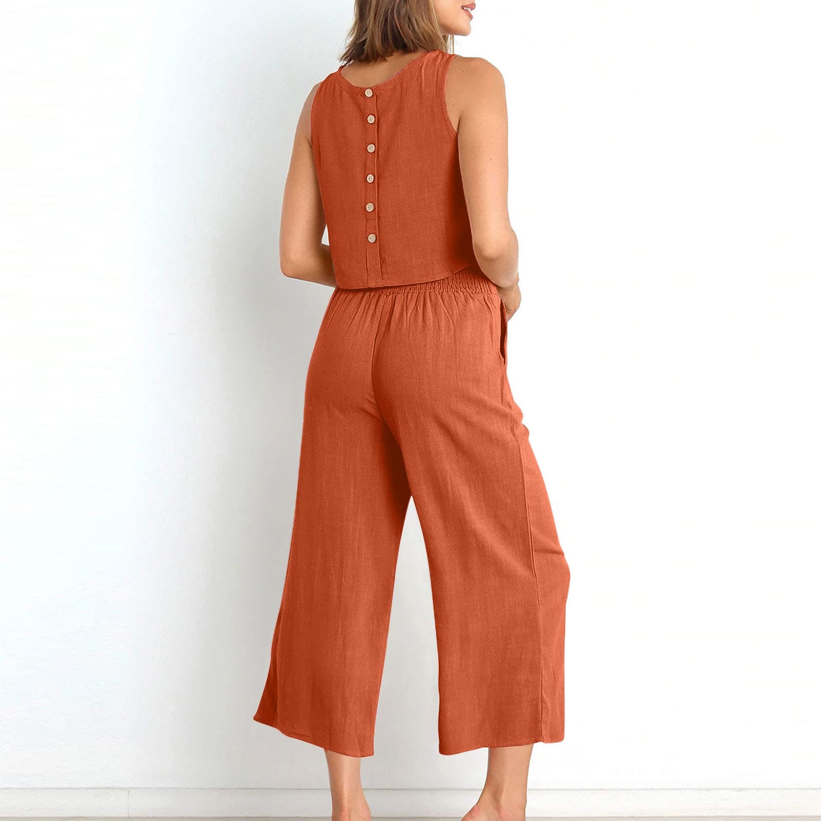 Women's 2-Piece Cotton Linen Lounge Set - Oversized Wide Leg Pants & Top Comfy Travel Outfit | Casual Summer Pajama Set for Home, Beach & Vacation Wear