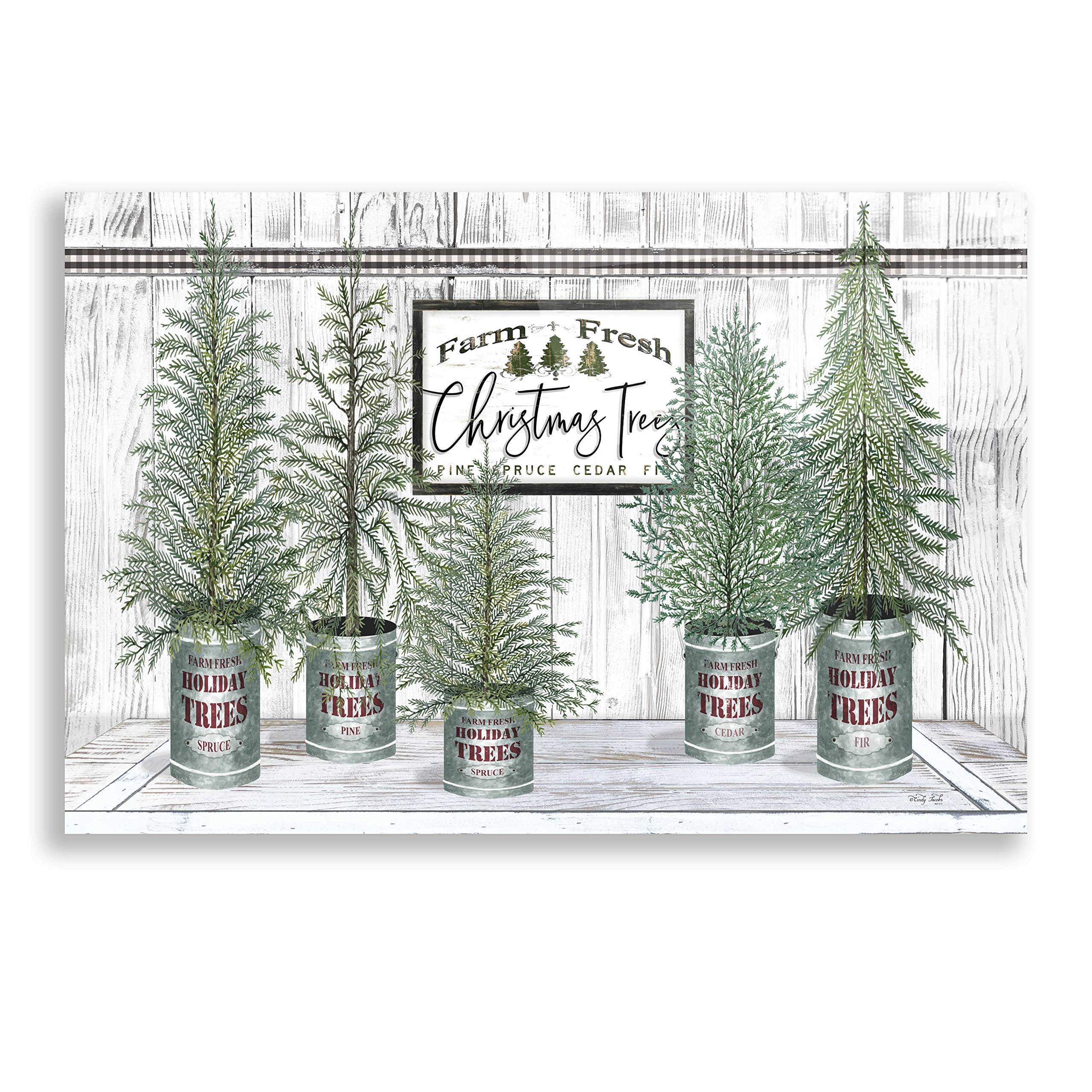 Galvanized Pots White Christmas Trees II Wall Art by Cindy Jacobs - 24x16 Inch Acrylic Glass Painting, Holiday Home Decor for Living Room, Bedroom & Office