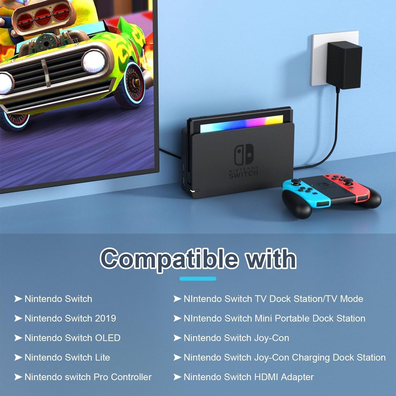 Nintendo Switch Charger 39W AC Adapter with 5FT USB-C Cable - Compatible with Switch, Switch Lite, OLED & Pro Controller (TV Mode Support) - Perfect for Gaming at Home or Travel