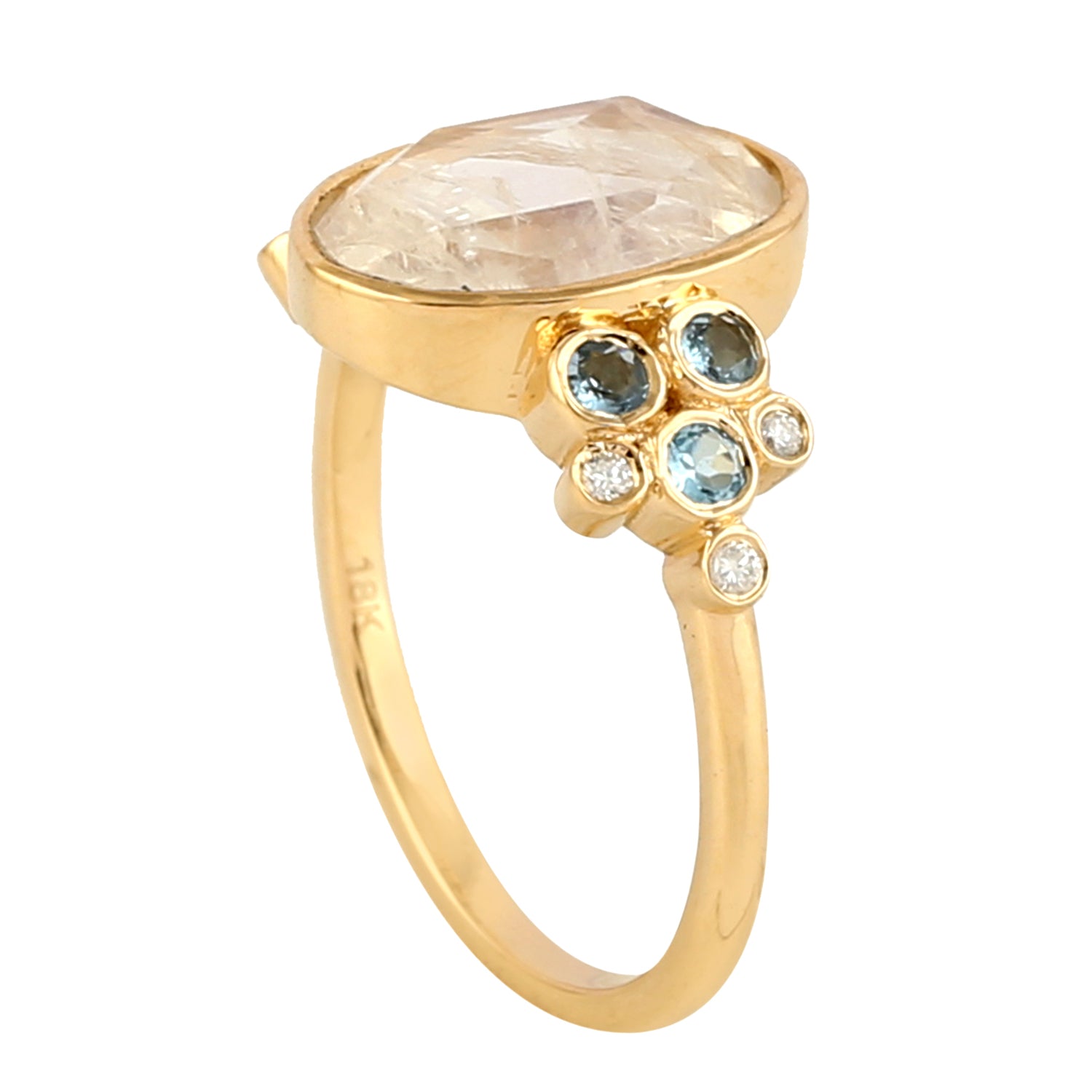 Moonstone Bezel Aquamarine Gemstone Pave Diamond Designer Gold Ring | Elegant Jewelry for Weddings, Anniversaries & Special Occasions