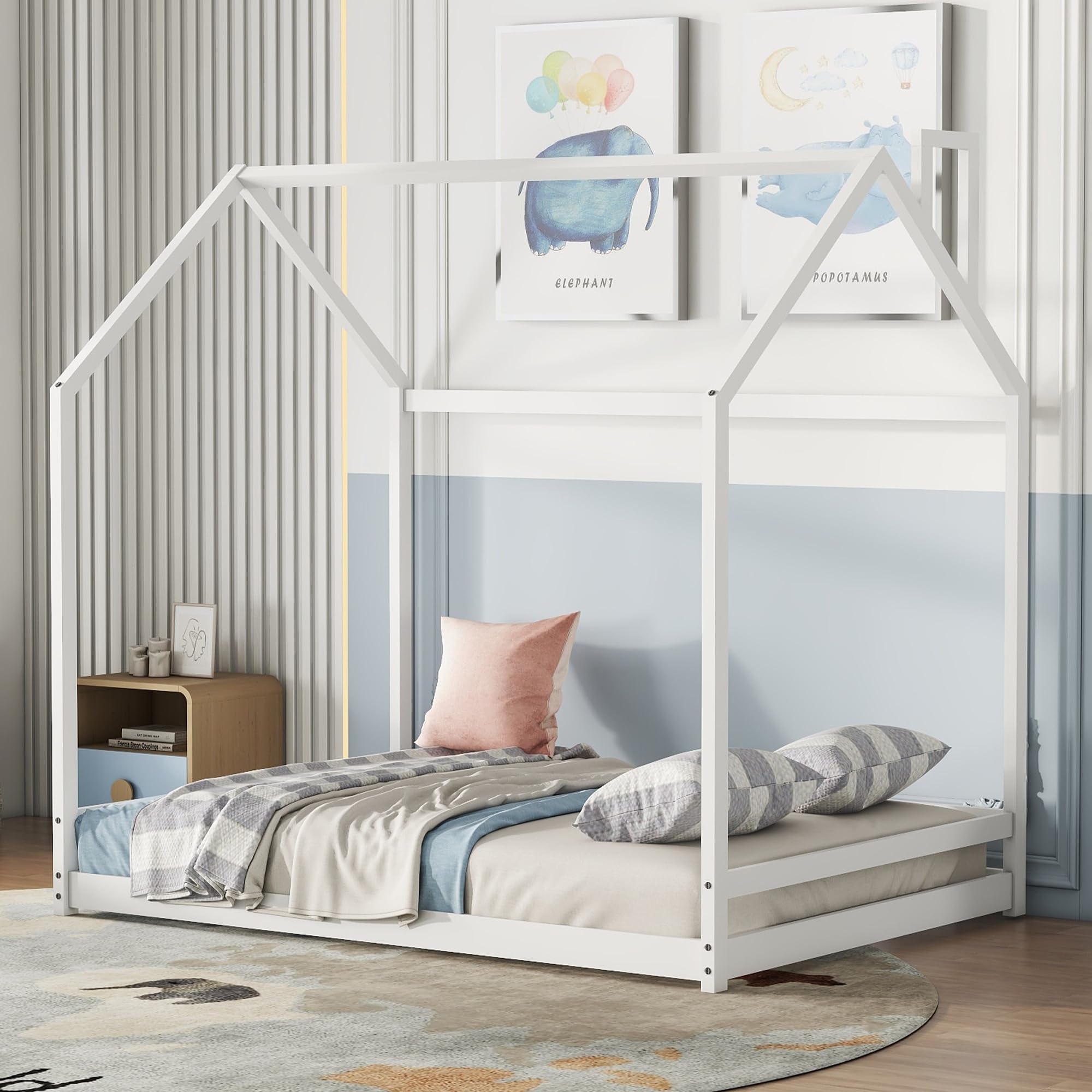 Bellemave Montessori Floor Bed for Toddlers - Wooden House Bed Frame for Kids, Low Bed for Boys & Girls - Safe & Sturdy Bedroom Furniture (White) - Perfect for Montessori Rooms, Playrooms & Small Spaces