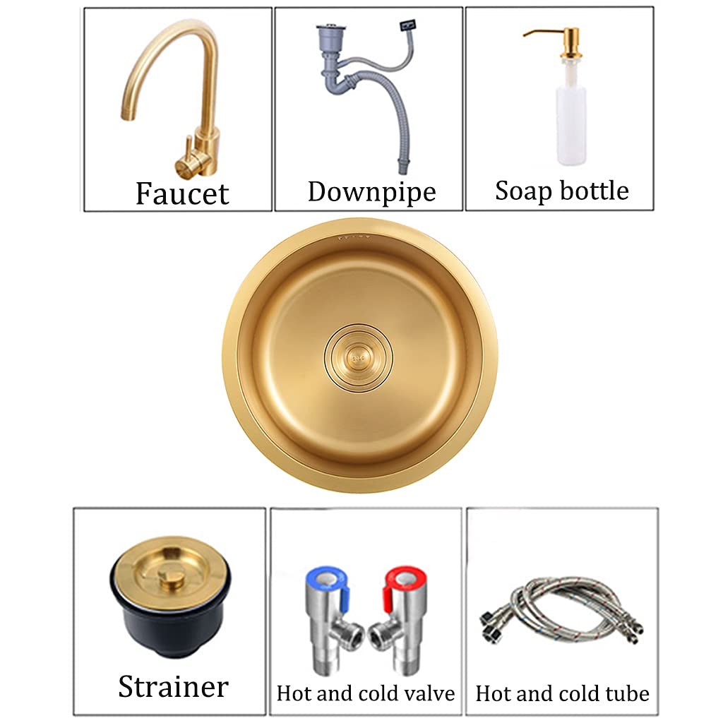 304 Stainless Steel Single Bowl Kitchen Sink with Tap - Gold Round Bar Counter Sink (32×19cm) for Modern Kitchens