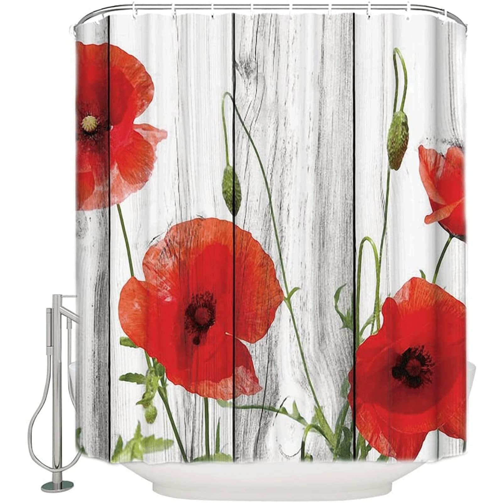 Vintage Wood Texture Red Poppy Shower Curtain Liner - 72x80 Inch Waterproof Polyester Fabric Bathroom Decor for Farmhouse, Rustic & Boho Style Bathrooms