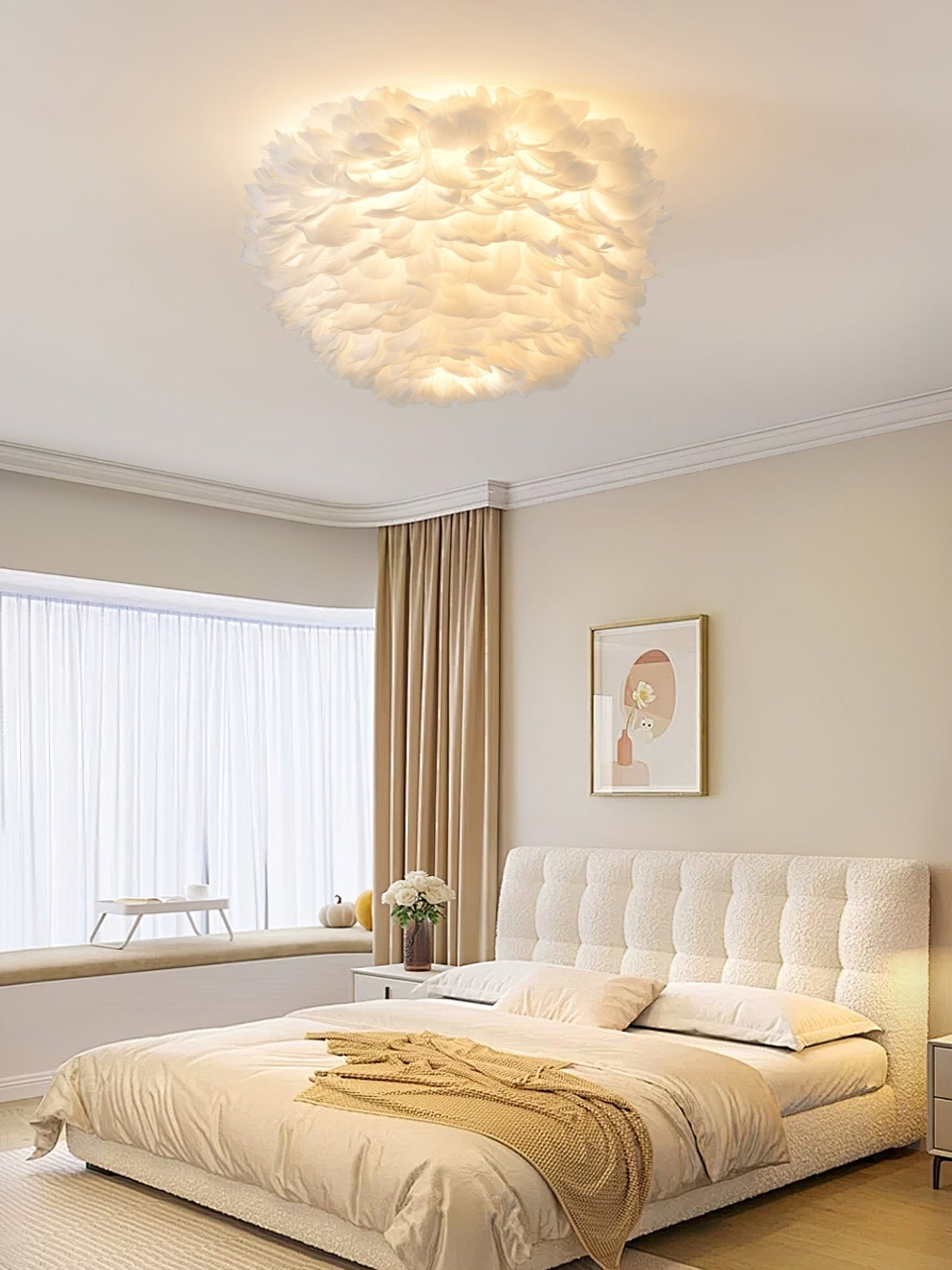 Feathered Ceiling Lamp - Elegant Boho Chandelier with Natural Feathers for Bedroom, Living Room, or Dining Room Lighting