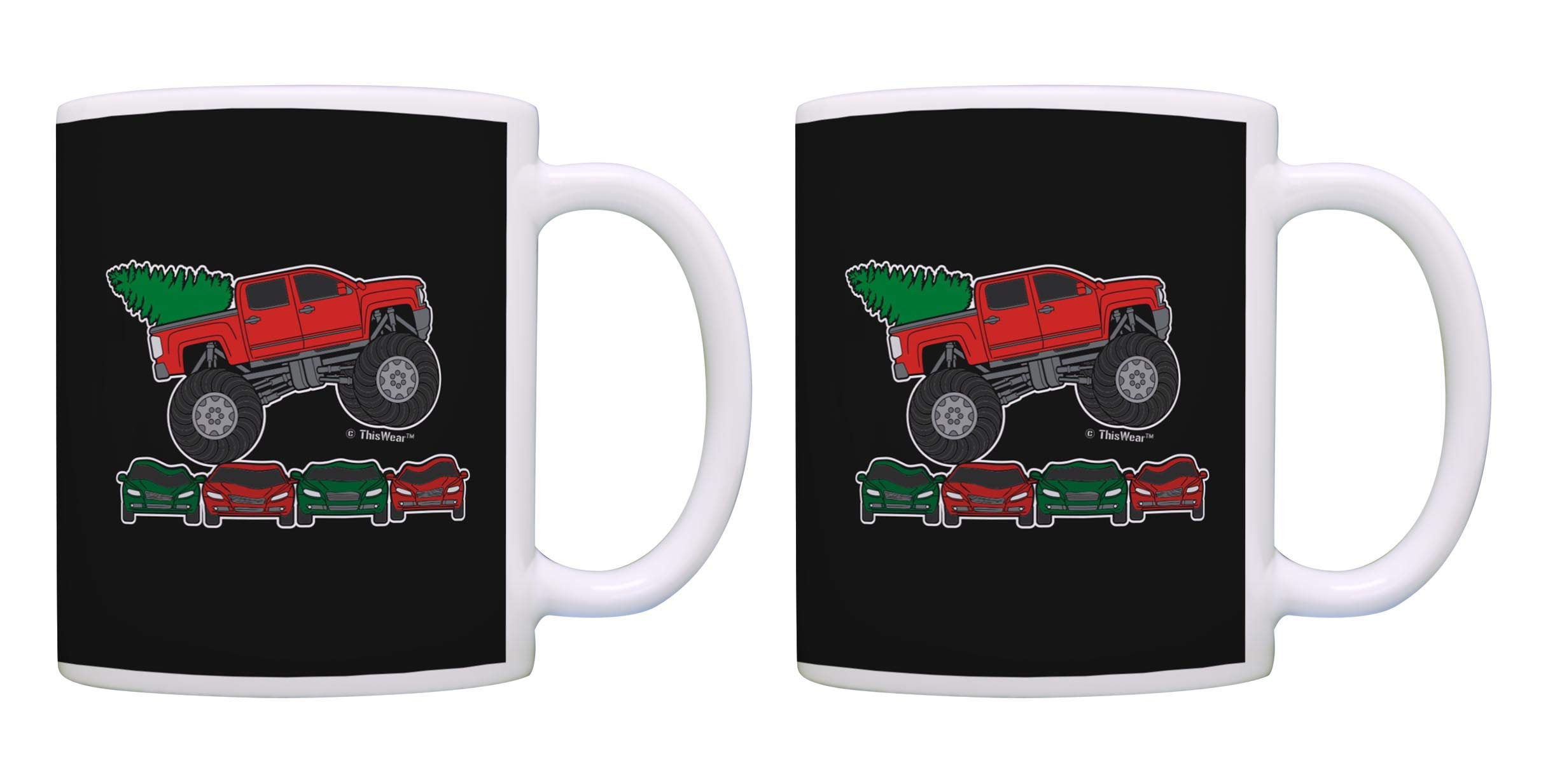 2 Pack Black Monster Truck Coffee Mugs with Christmas Tree Design - Funny Sarcastic Christmas Party Cups for Tea & Coffee - Perfect for Holiday Gatherings, Office Parties & Gift Exchanges