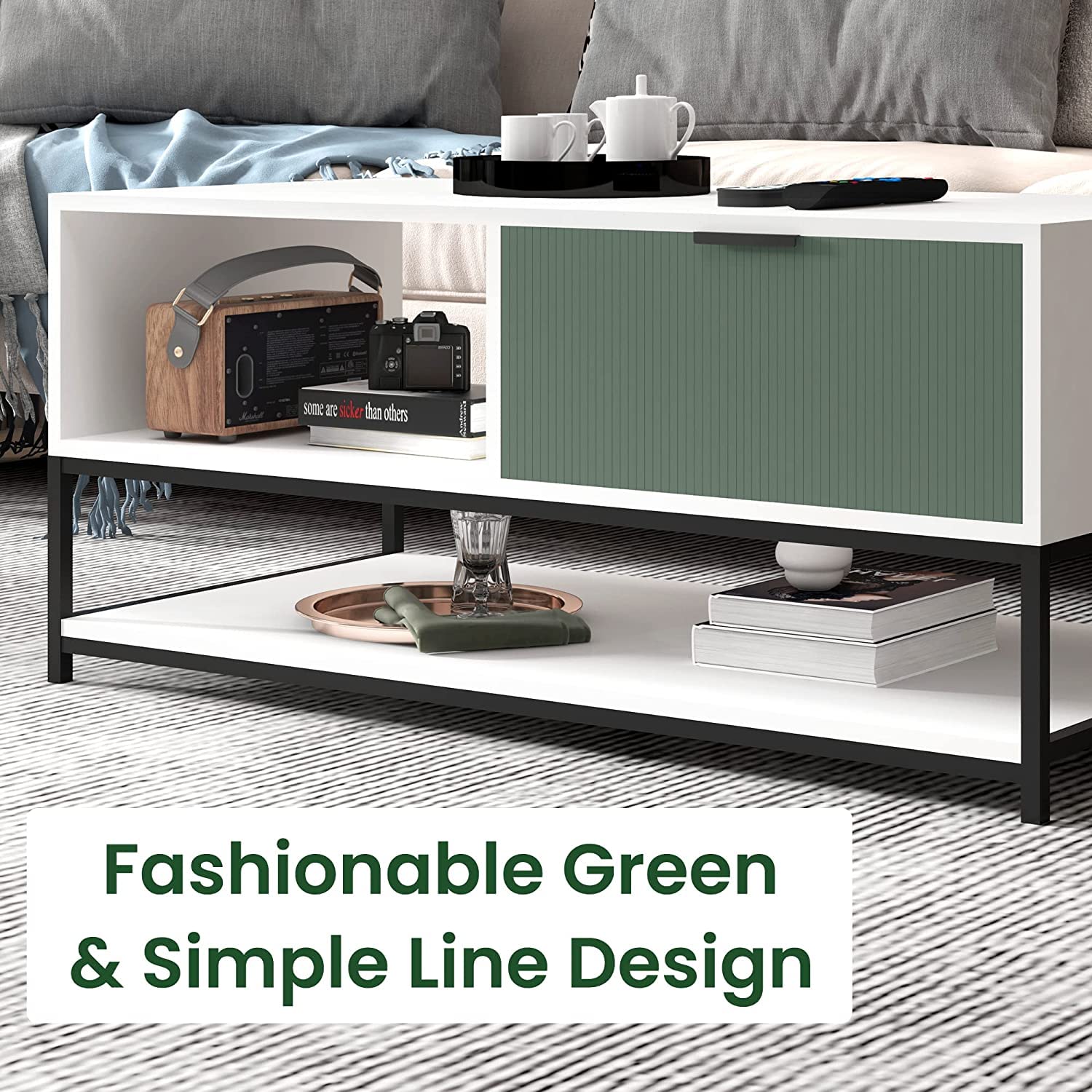 Watson White & Green Wood Coffee Table with Steel Frame, Shelves & Drawer - Modern Living Room Furniture for Small Spaces, Apartments & Home Decor