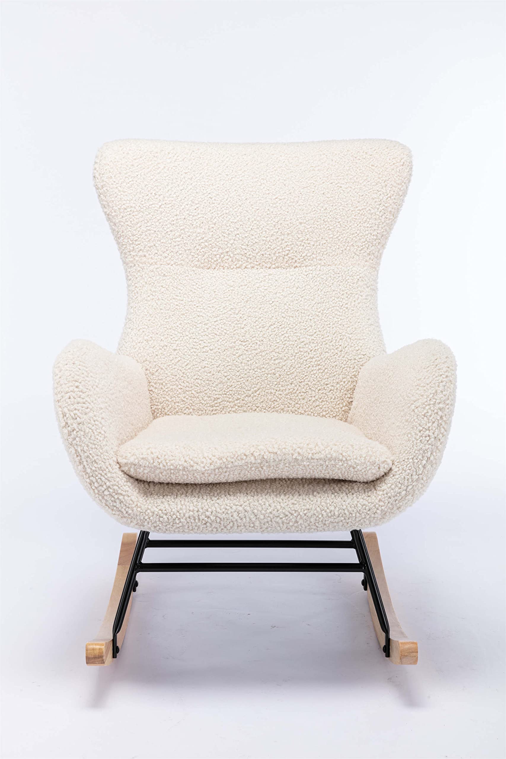 Comfy Beige Teddy Fabric Rocking Chair with High Backrest & Armrests - Padded Seat Living Room Armchair for Nursery, Bedroom & Playroom | Perfect for Relaxing, Nursing & Reading