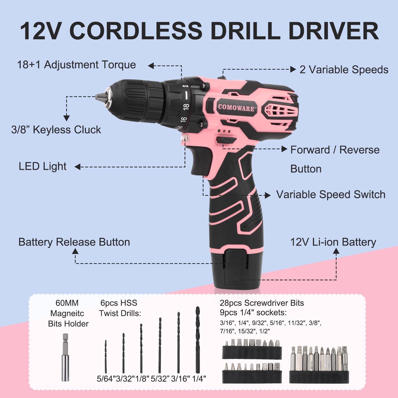 COMOWARE 195PCS Pink Home Tool Kit with 12V Cordless Power Drill - Household Repair Tool Set with Storage Case - Perfect for Women DIY Projects, Home Maintenance & Small Fixes