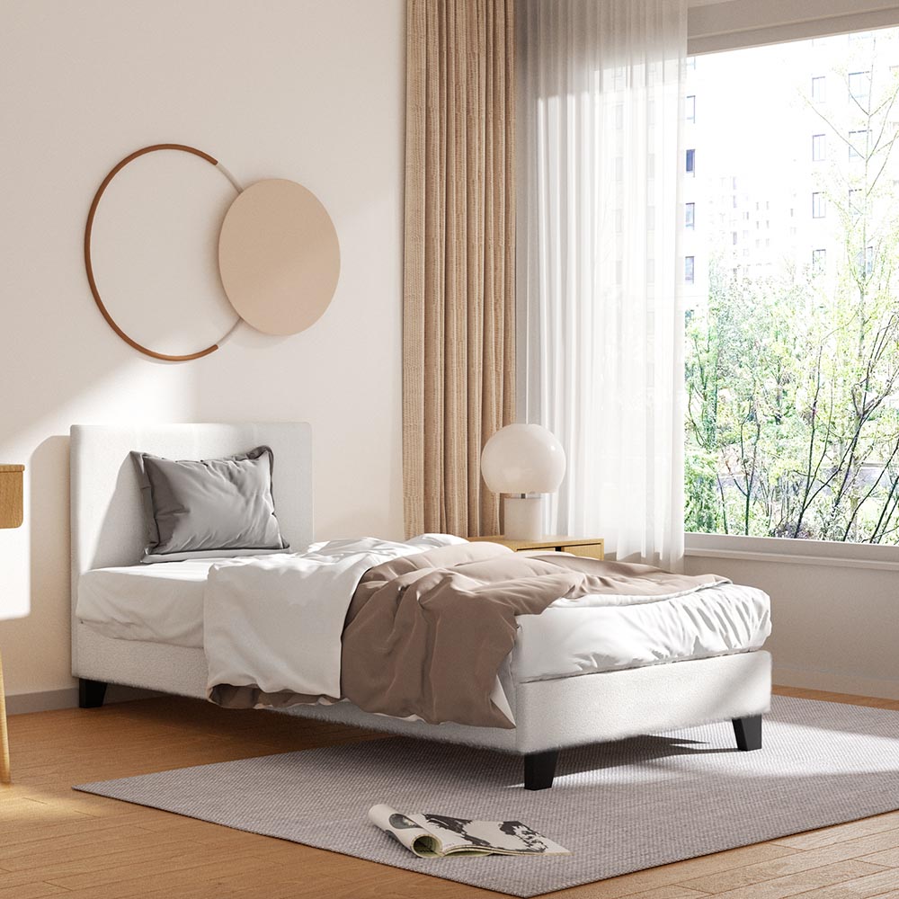 Coogee Single Bed Frame - Soft White Bouclé Fabric Platform Bed for Small Spaces | Perfect for Kids Rooms, Guest Bedrooms & Studio Apartments