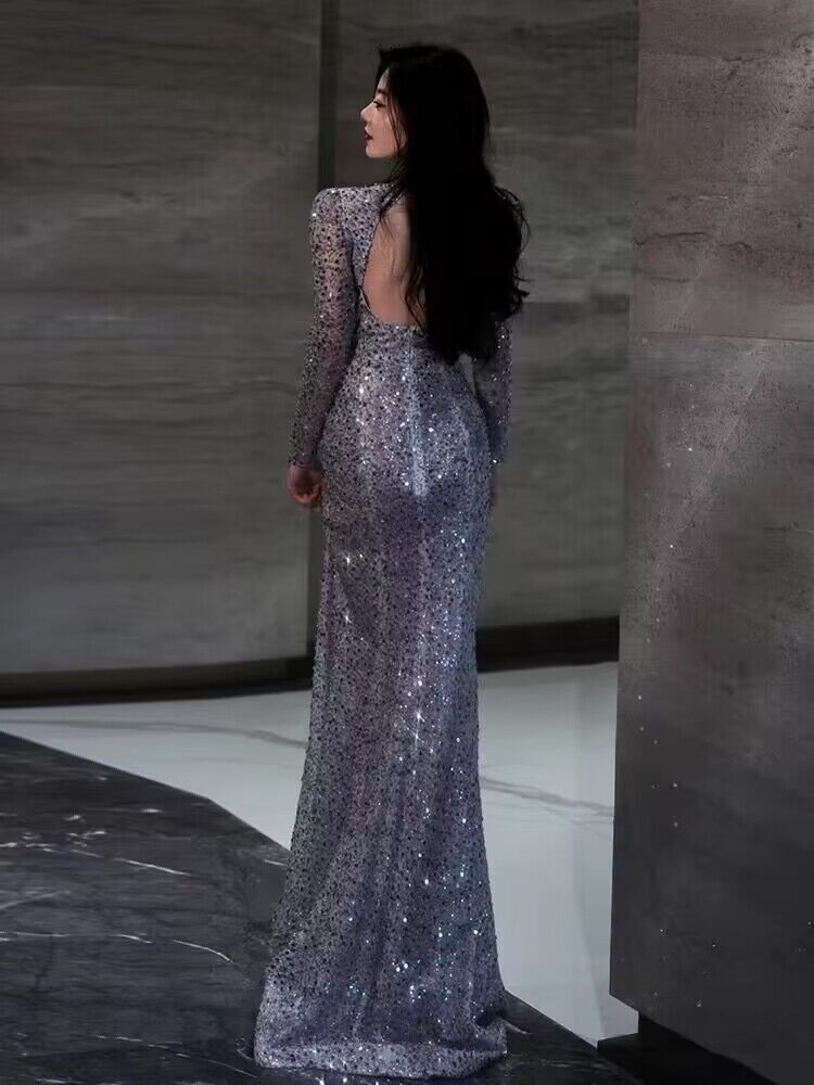 Elegant Long Sleeve Mermaid Sequin Prom Dress with High Slit - J2956 | Perfect for Homecoming, Evening Gala & Formal Events