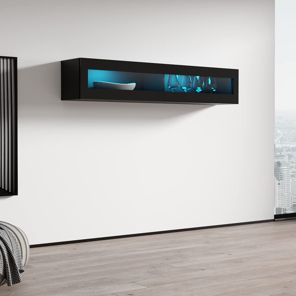 Modern Floating Media Cabinet - Durable Wooden Wall-Mounted Storage with High Gloss Finish & LED Lighting - Black Rectangular TV Stand for Living Room, Bedroom, or Home Theater