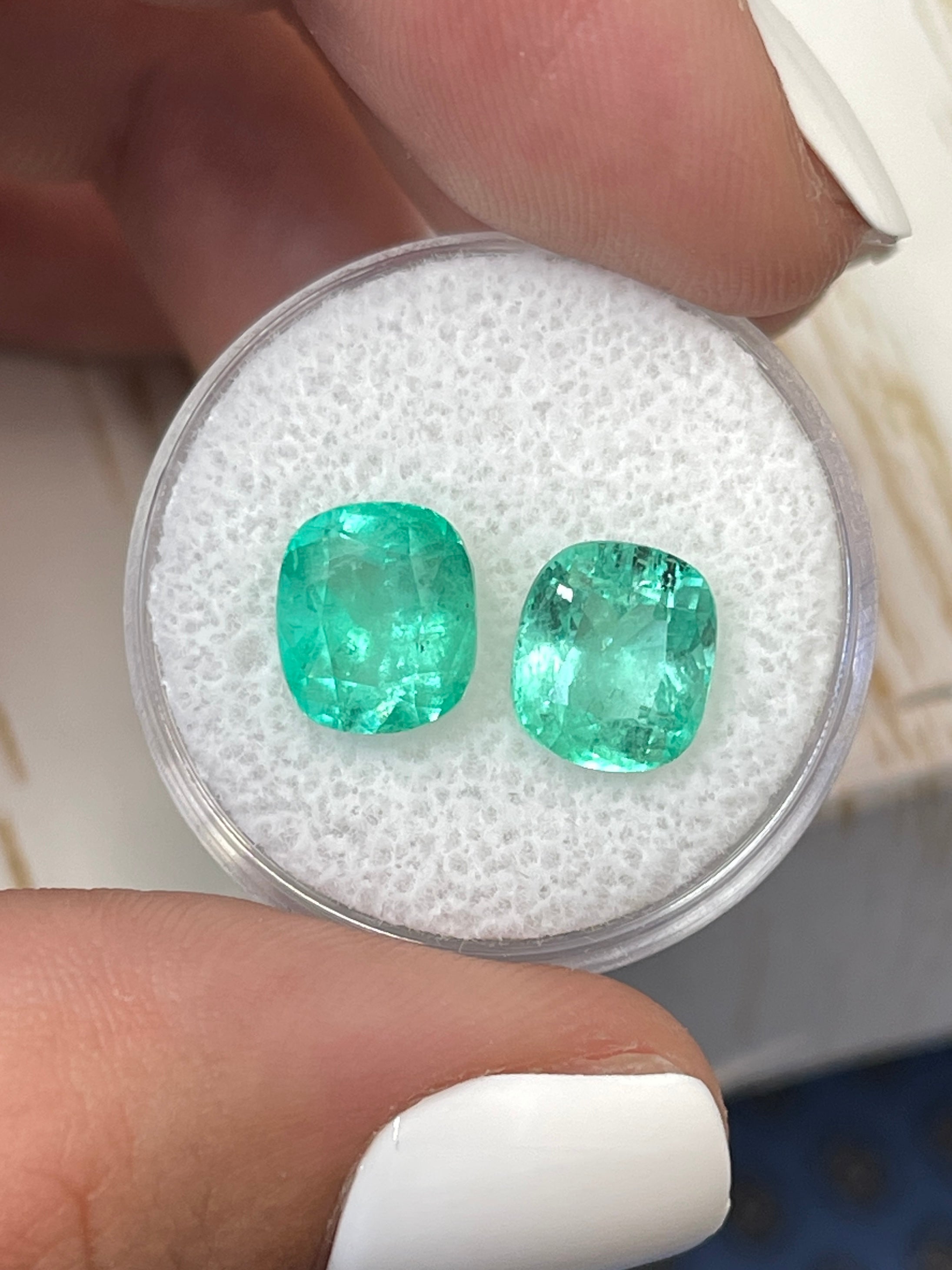 5.61tcw 9x8mm Matching Pair Light Bluish Green Natural Colombian Loose Emeralds - Cushion Cut Gemstones for Jewelry Making, Engagement Rings & Luxury Gifts