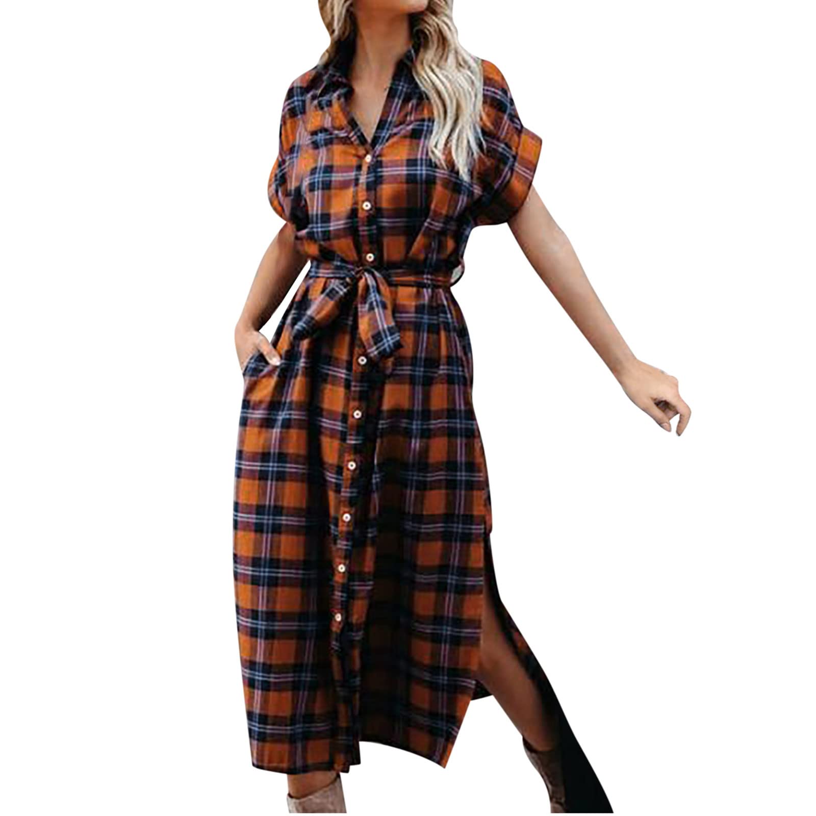 Women's Summer Casual Lapel Plaid Print Button-Down Short Sleeve Belted Long Dress - Perfect for Beach Vacations, Office Wear & Date Nights