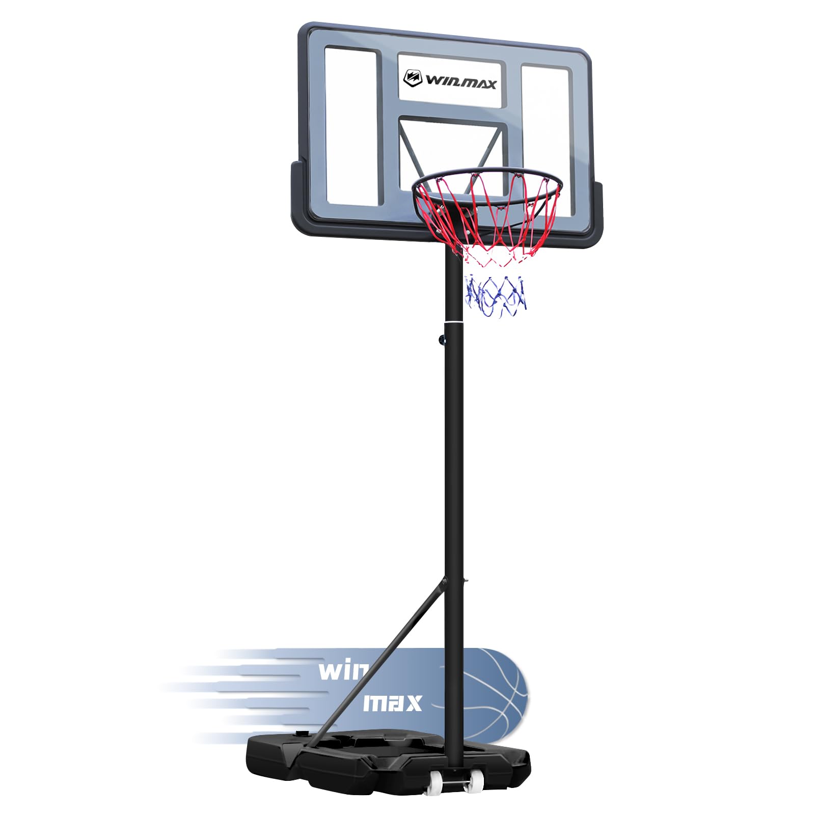 WIN.MAX Adjustable Basketball Hoop 3.8-10ft Height, 44 Inch Backboard - Portable Outdoor/Indoor Basketball Goal System for Kids & Adults - Perfect for Driveway, Backyard, Pool & Gym Use