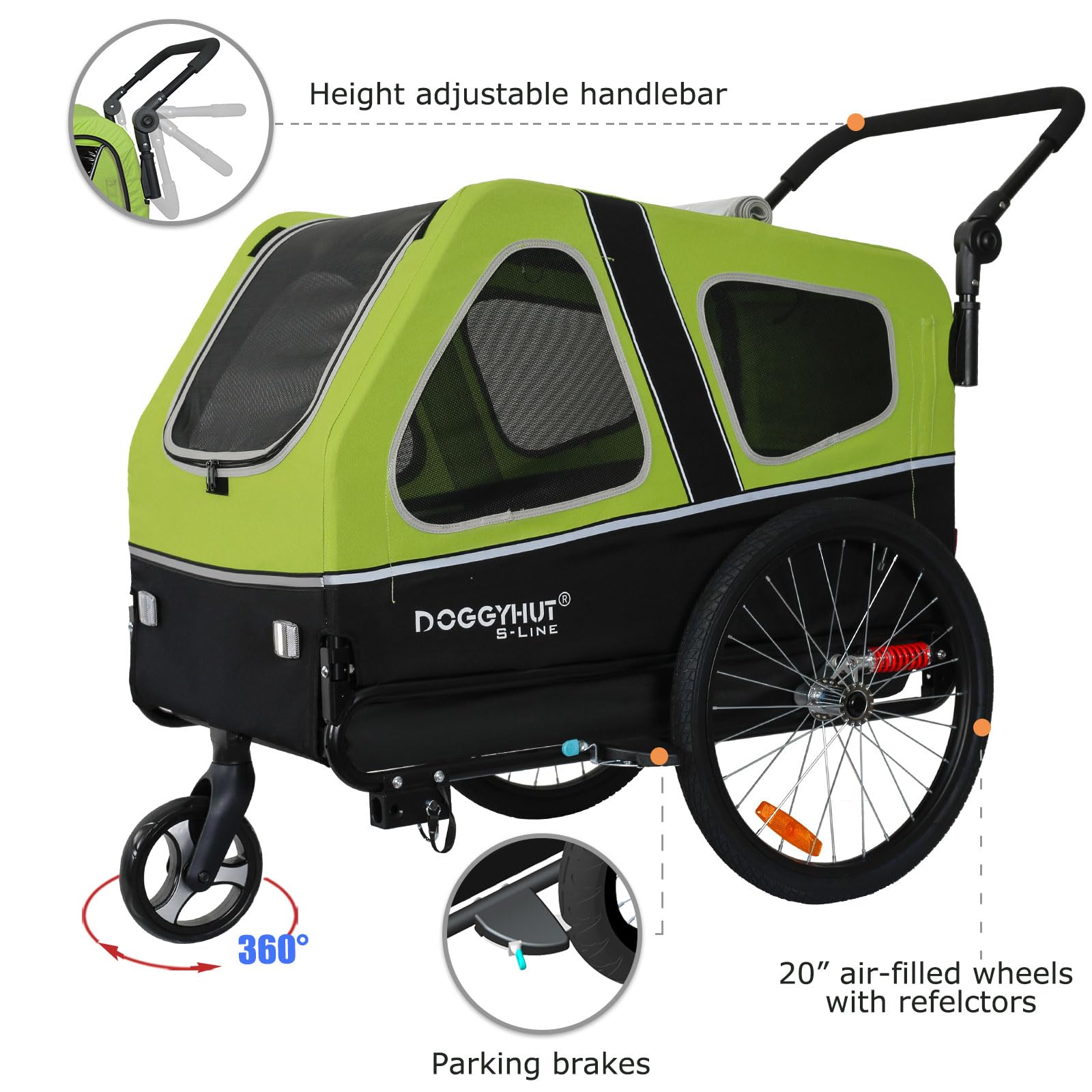 DOGGYHUT® S-Line XL Pet Bike Trailer & Stroller for Large Dogs Up to 100 lbs - Foldable Dog Cart with Suspension Wheels, Low Center Gravity & Parking Brake - Perfect for Cycling, Jogging & Outdoor Adventures with Your Dog
