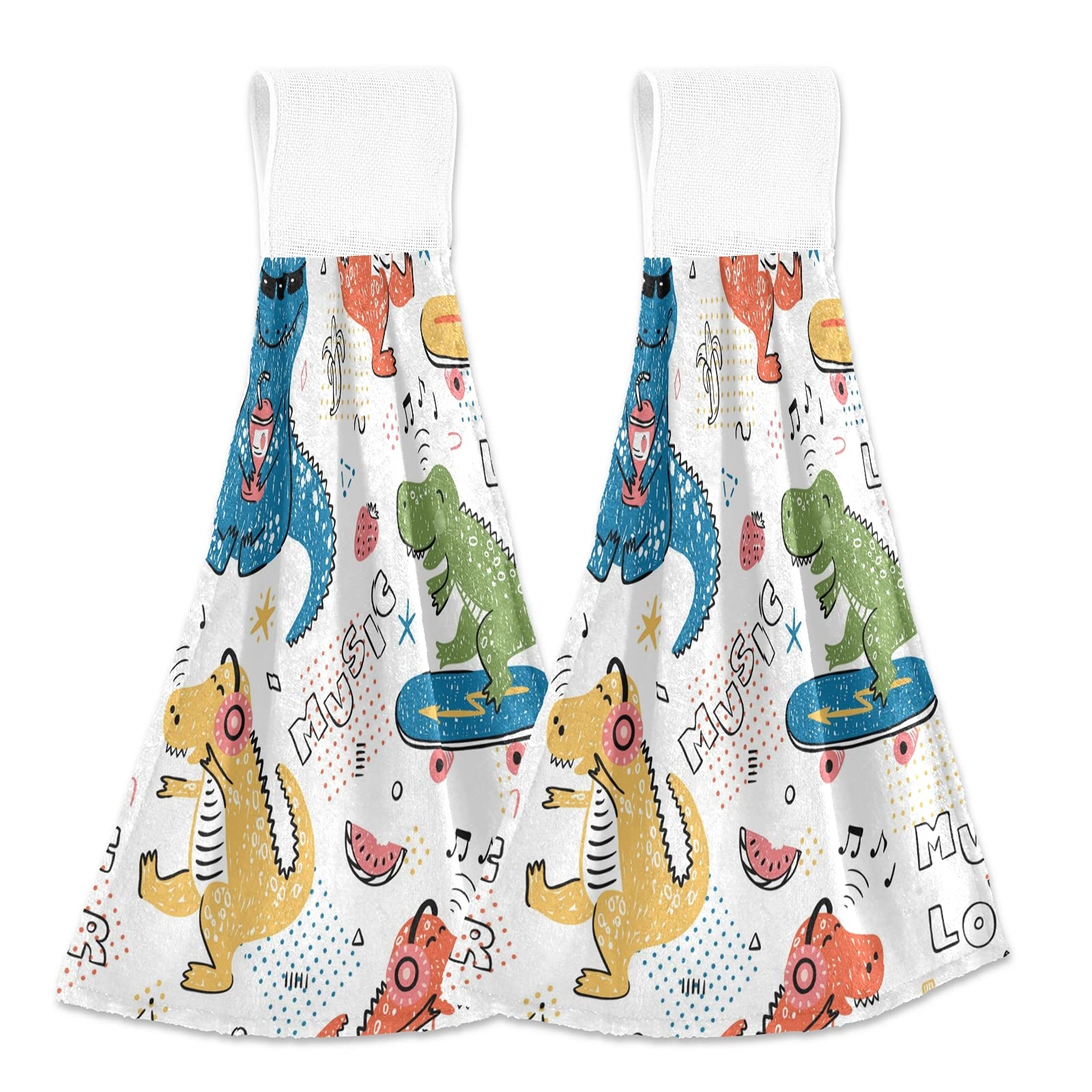 Dino Dinosaur Kitchen Towels Set of 2 - Absorbent Cotton Dish Towels with Hanging Loop for Drying Hands & Dishes - Cute Dino Themed Kitchen Decor for Cooking, Baking & Home Use