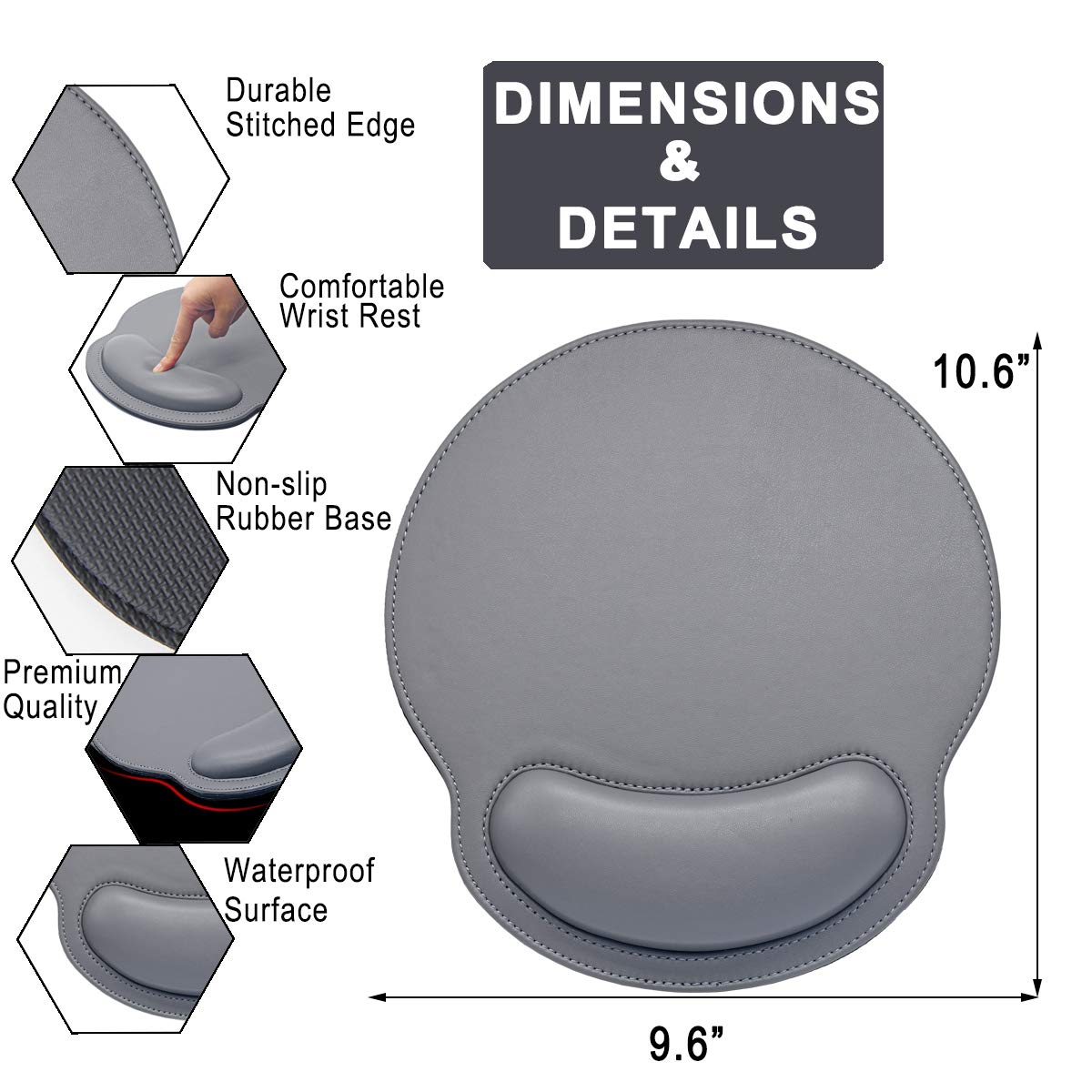 Premium Ergonomic Leather Mouse Pad with Memory Foam Wrist Support - Non-Slip Rubber Base for Pain Relief | Comfortable Computer Accessory for Office, Home & Travel Use | Perfect for Long Work Hours & Gaming Sessions (Grey)