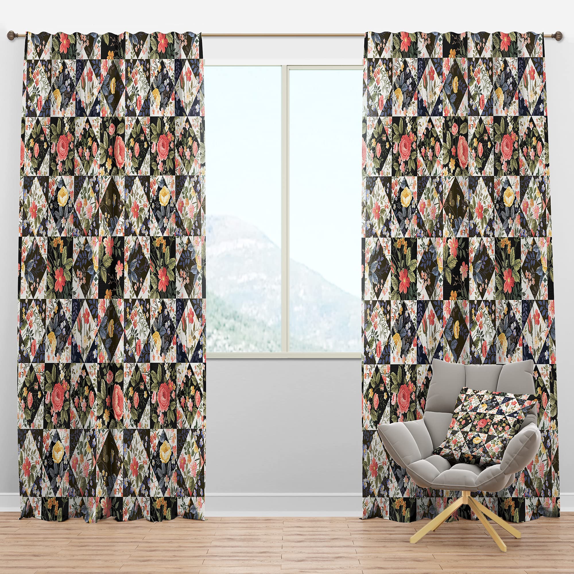 Blackout Curtains 'Roses Geometric Patchwork' - Thermal Insulated Single Panel (52x63 inches) for Bedroom & Living Room - Noise Reducing & Energy Saving Window Drapes for Better Sleep & Home Decor