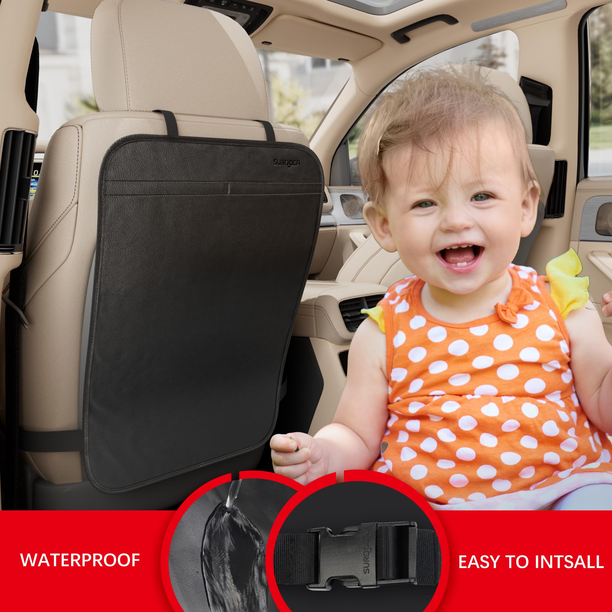 SURDOCA Leather Car Back Seat Protector for Kids - Waterproof Kick Mats to Shield from Dirt, Mud & Scratches - Perfect for Family Road Trips, School Runs & Pet Travel