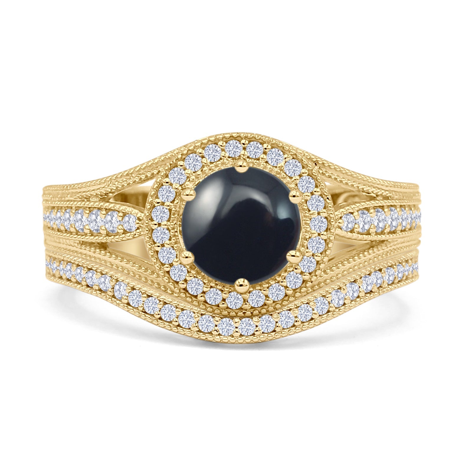 14K Yellow Gold Two-Tone Round Halo Split Shank Black Onyx Ring for Women - Elegant Wedding Band, Anniversary Gift, or Evening Party Jewelry