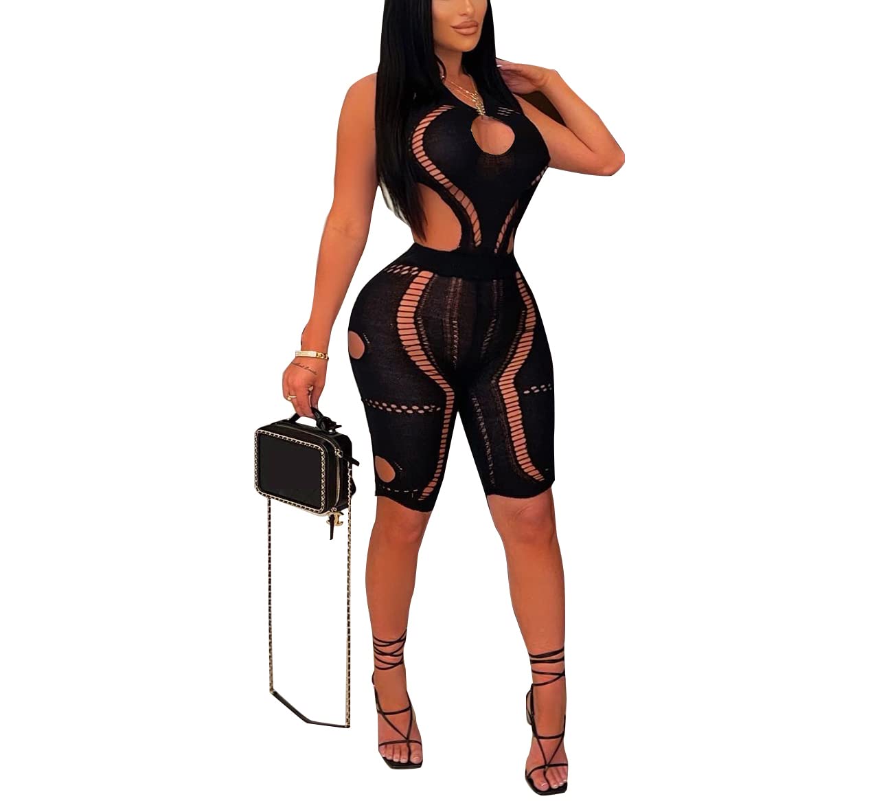 Yanfoam Women's Sexy Hollow Out Jumpsuit - Sleeveless Bodycon Romper One Piece Shorts Clubwear | Perfect for Night Out, Party & Summer Fashion