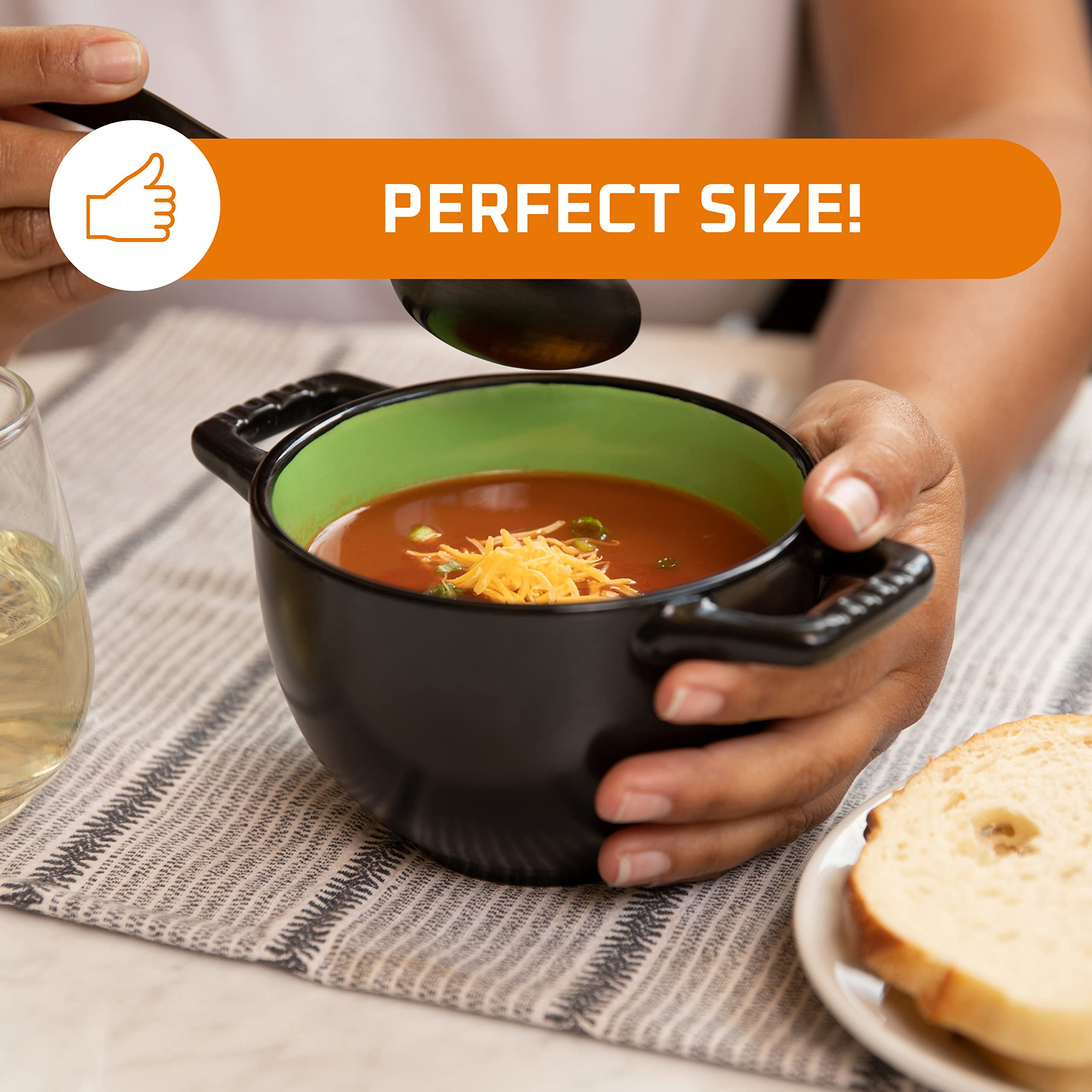 Bruntmor 24 oz French Onion Soup Bowls with Handles - Set of 4 Ceramic Oven Safe Crocks for Soup, Pasta, Cereal, Dessert - Microwave, Dishwasher & Broiler Safe - Perfect for Dining, Entertaining & Gifts (Black/Multicolor)
