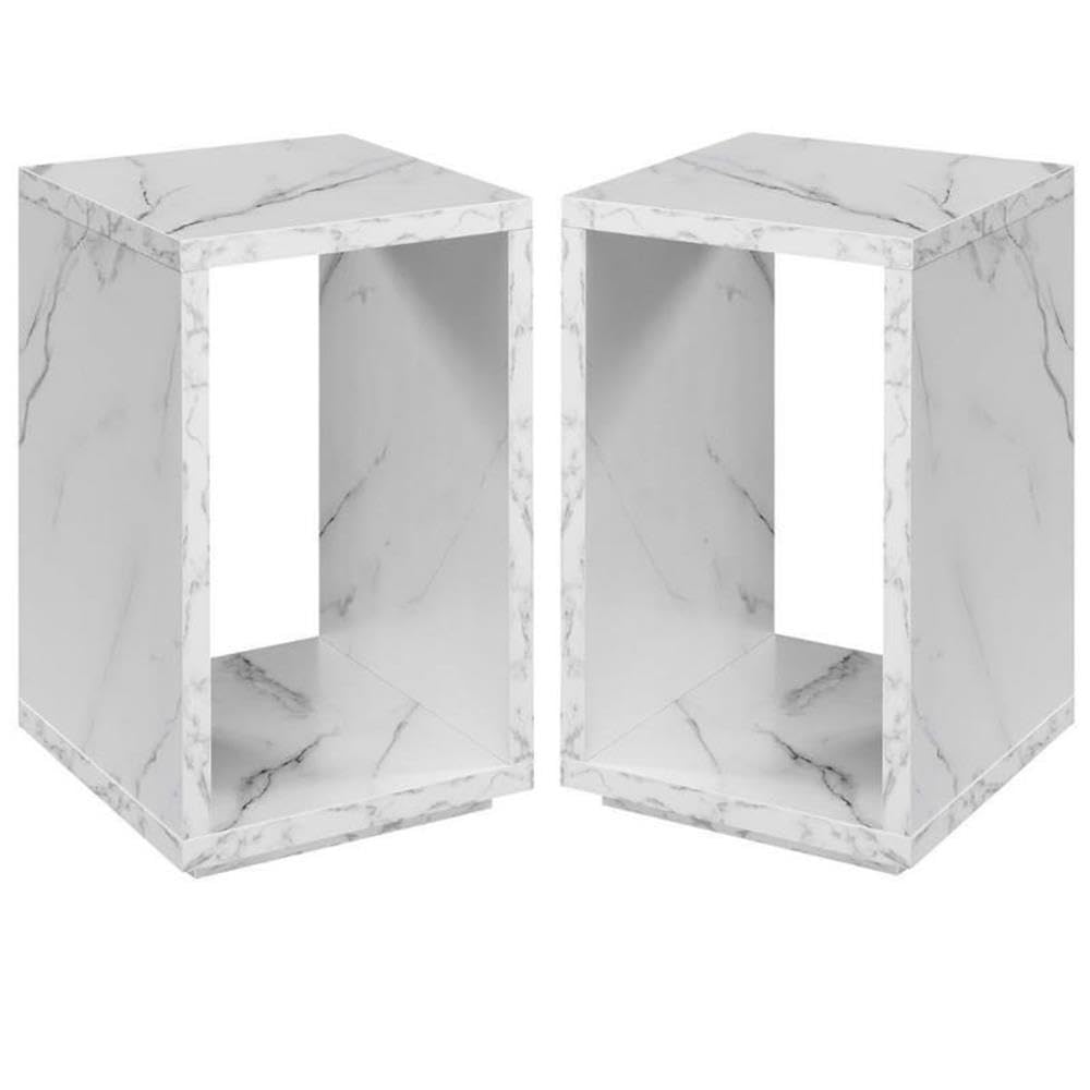 White Marble & Wood End Table with Shelf - Set of 2 Modern Side Tables for Living Room, Bedroom, or Office Decor
