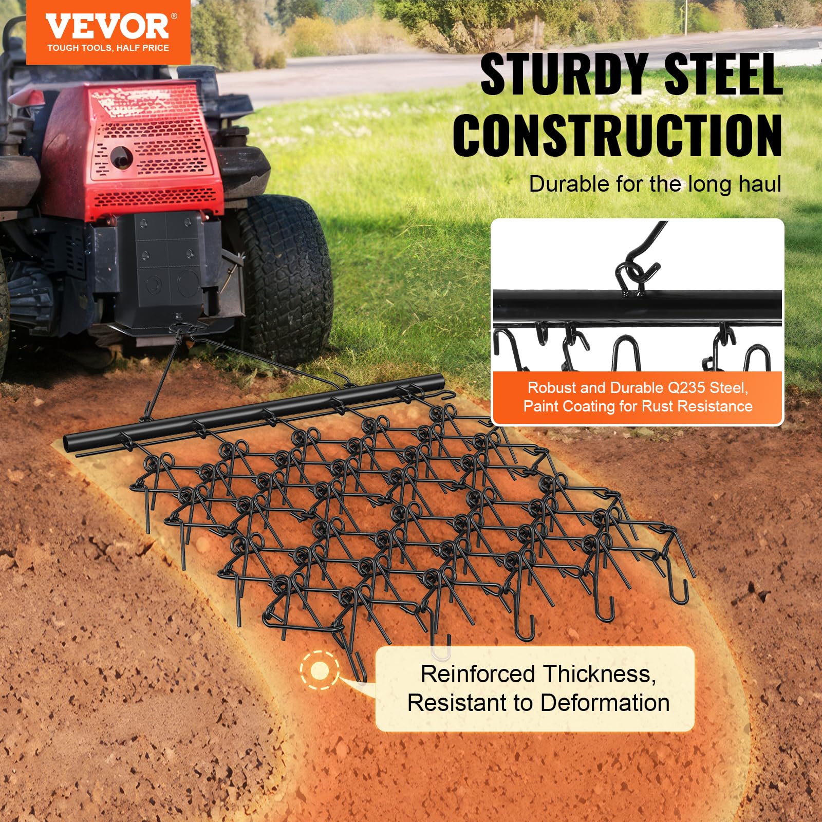 VEVOR 4'x5.6' Drag Chain Harrow with 69 Teeth - Heavy Duty ATV/UTV Tractor Attachment for Lawn Care, Soil Preparation, Seeding & Landscaping - Perfect for Sod Prepping, Yard Leveling & Gravel Driveway Maintenance (Black)