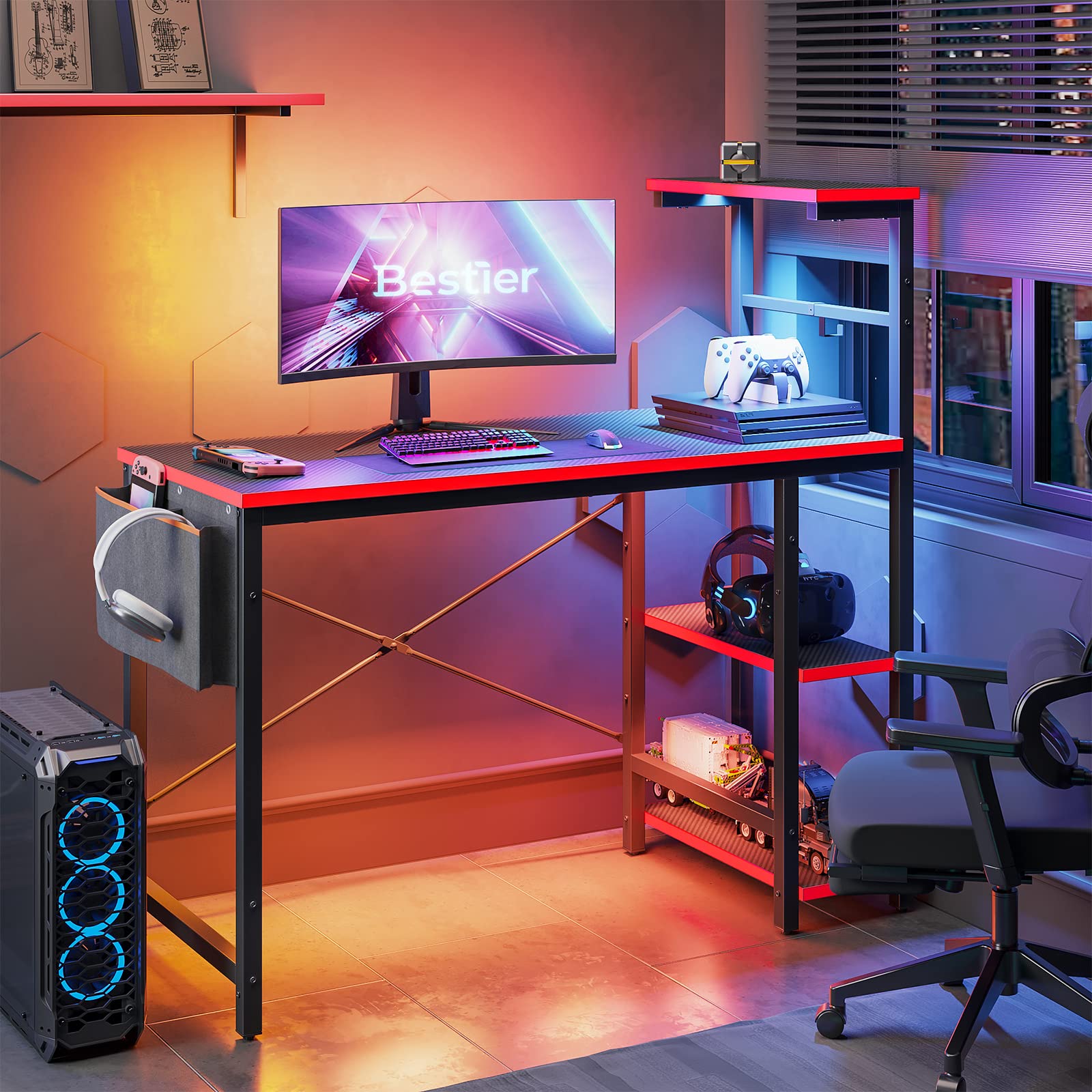 Bestier 44 Inch Gaming Desk with LED Lights - Compact PC Gamer Desk for Small Spaces, Computer Desk with Reversible Storage Shelves & Side Storage Bag (Black 3D Carbon Fiber) - Perfect for Esports, Streaming & Home Office Setup