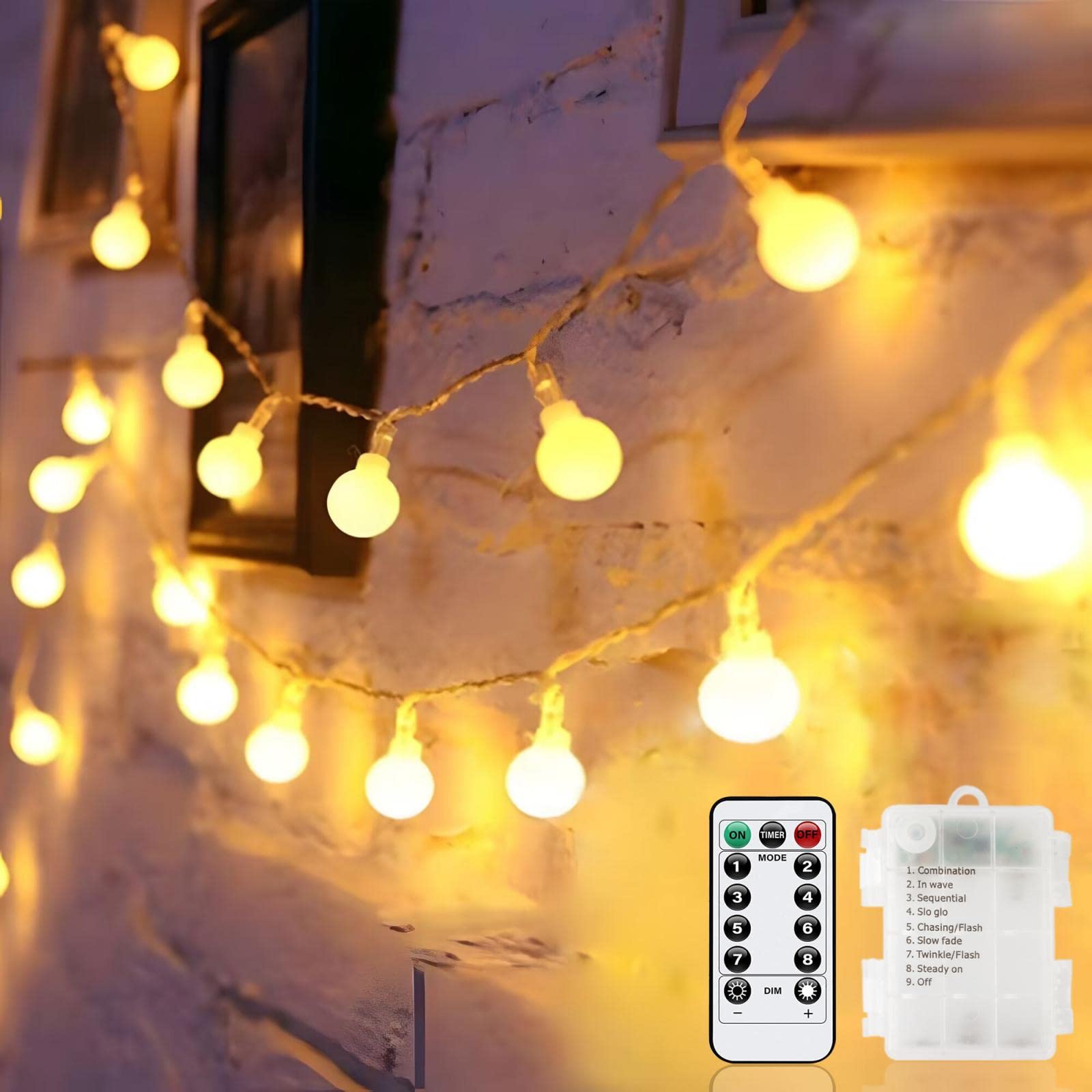 Tasodin 20FT 50LED Battery Operated Fairy String Lights - 8 Lighting Modes, Warm White LED Globe Lights for Bedroom, Dorm, Patio, Garden & Christmas Party Decor - Perfect for Indoor & Outdoor Ambiance Lighting