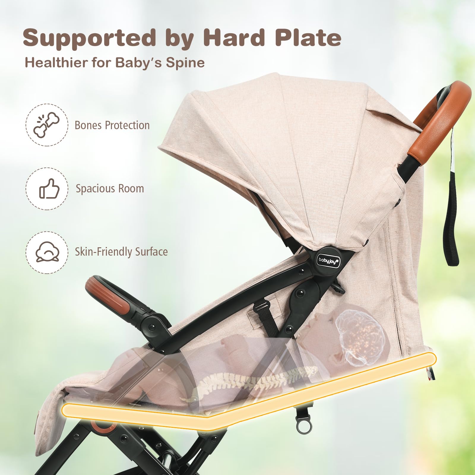 BABY JOY Lightweight Compact Baby Stroller for Travel - Airplane Approved Infant Stroller with 5-Point Safety Harness, Adjustable Backrest & Canopy, Storage Basket | Easy One-Hand Fold Beige Stroller for Newborns & Toddlers | Perfect for Air Travel, Shopping & Daily Walks