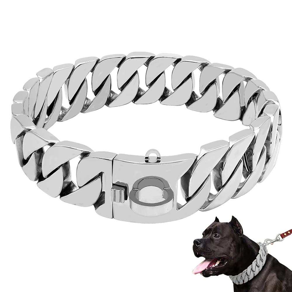 Premium 30mm Heavy-Duty Gold Chain Dog Collar - Strong Steel Cuban Link Choke Collar for Large Breeds (45CM/17.5in, Silver) - Durable Training Collar for Pitbulls, German Shepherds & Big Dogs - Perfect for Walking, Training & Outdoor Adventures