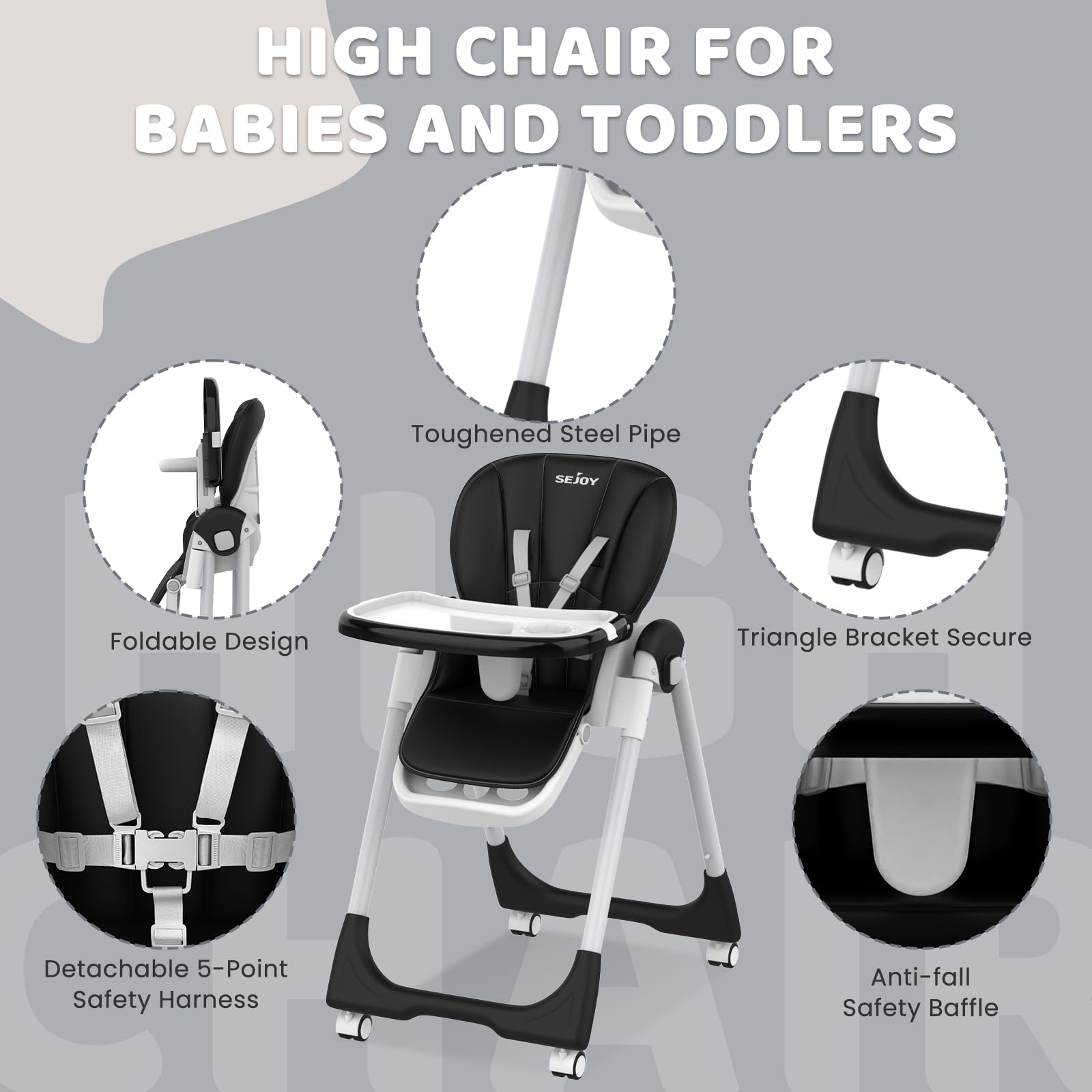 Premium Baby High Chair with 4 Wheels for Infants & Toddlers (6 Months-6 Years) | 110 LBS Weight Capacity | Adjustable Seat Height, Backrest & Footrest | Removable Dishwasher-Safe Meal Tray | Safe Feeding Solution for Home & Restaurant Use (Black)