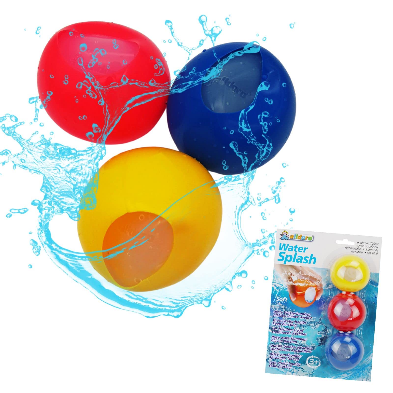 AllDoro Reusable Automatic Shut-Off Water Bombs - Set of 3 Splash Toys for Kids & Adults (Yellow, Red, Blue) - Perfect for Garden, Beach, Pool Parties & Outdoor Water Play - Ages 3+