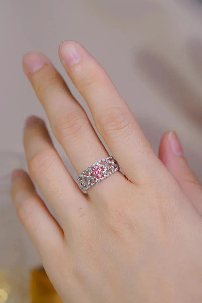 18K White Gold Romantic Hollow Out Lace Engagement Ring with Real Pink Diamond for Women - Perfect for Proposals, Anniversaries & Special Occasions