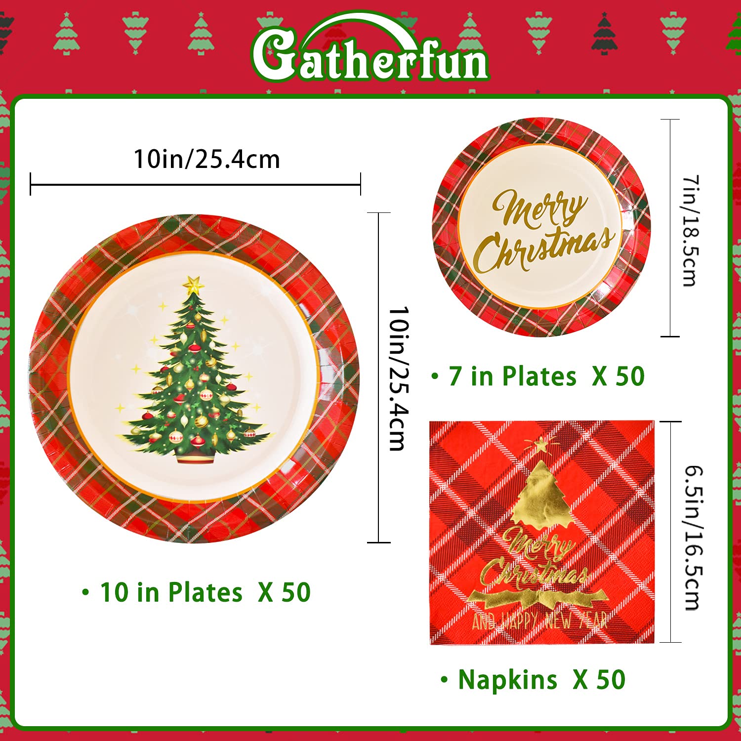 Gatherfun Christmas Party Supplies Set - 50 Disposable Red Plaid Paper Dinner Plates, Dessert Plates & Napkins for Holiday Celebrations | Perfect for Christmas Dinner, Office Parties & Family Gatherings