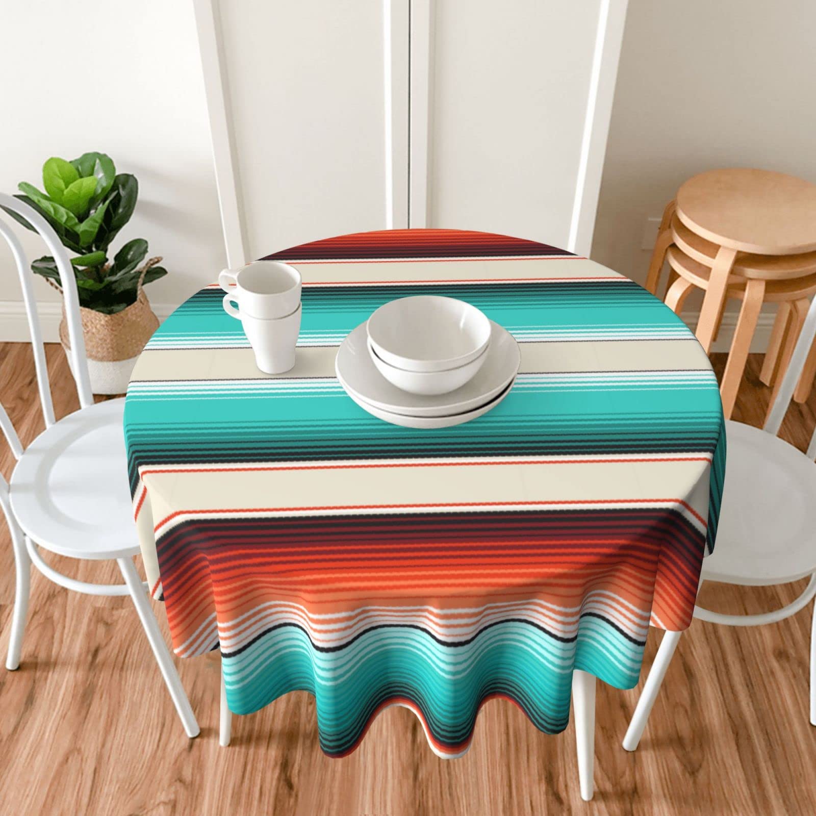 60 Inch Waterproof Round Tablecloth - Turquoise, Orange, Navajo White Stripes Mexican Design for Outdoor Patio, Party, Picnic, Wedding & Indoor Kitchen Dinner Decor | Durable & Stylish Table Cover