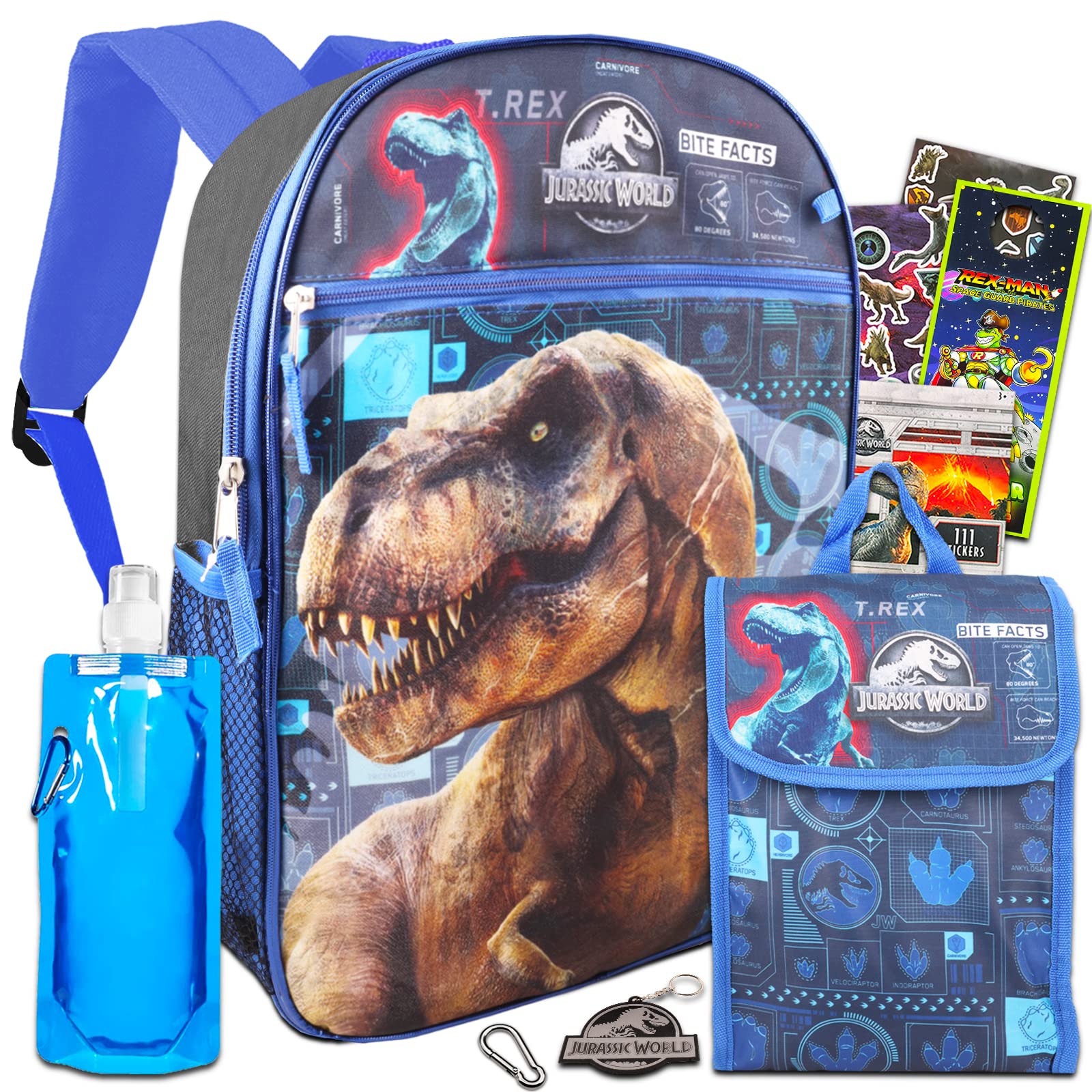 Jurassic World Backpack and Lunch Box Set for Kids - Dinosaur Themed School Bag with Insulated Lunch Box, Water Bottle, Keychain & Stickers | Perfect for School, Travel, and Jurassic World Fans