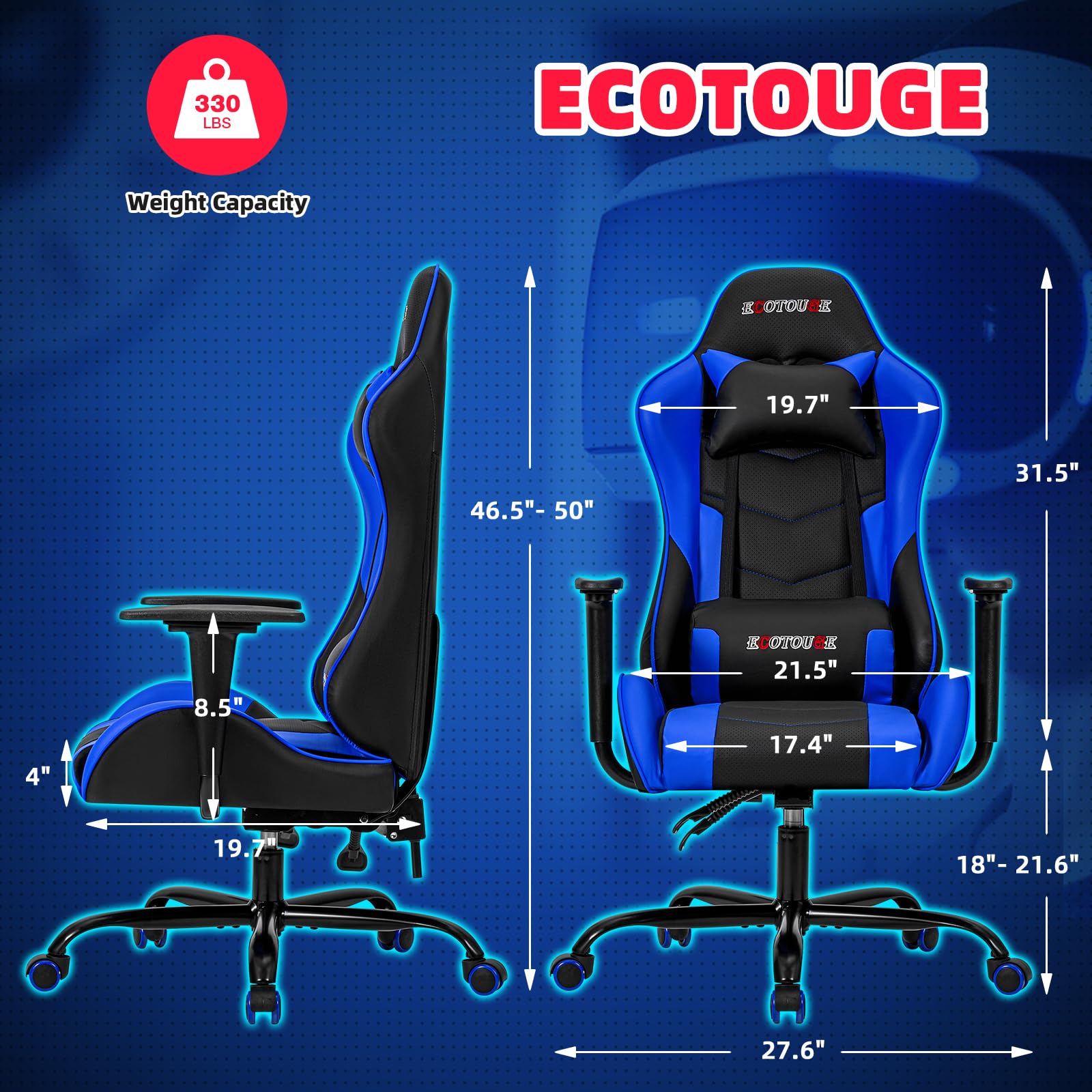 Premium ECOTOUGE Ergonomic Gaming Chair - Adjustable Headrest & Lumbar Massage Pillow - PU Leather Racing Style Office Desk Chair with 360° Swivel & Recliner - Black & Blue - Perfect for Esports, Streaming & Home Office Workstations