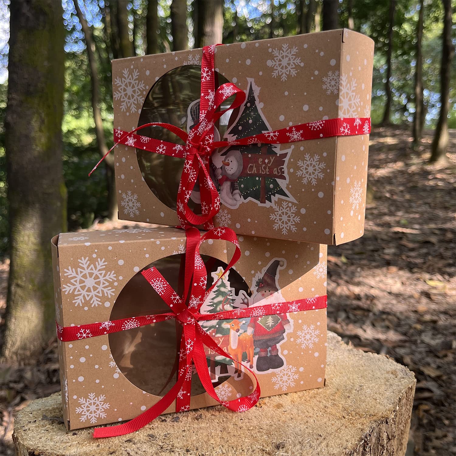 12 Pack Christmas Cookie Boxes with Window - Food Grade Kraft Bakery Treat Boxes with Oil Paper & Ribbons - Holiday Cupcake Gift Boxes for Christmas Party Favors, Baking Treats & Cookie Storage